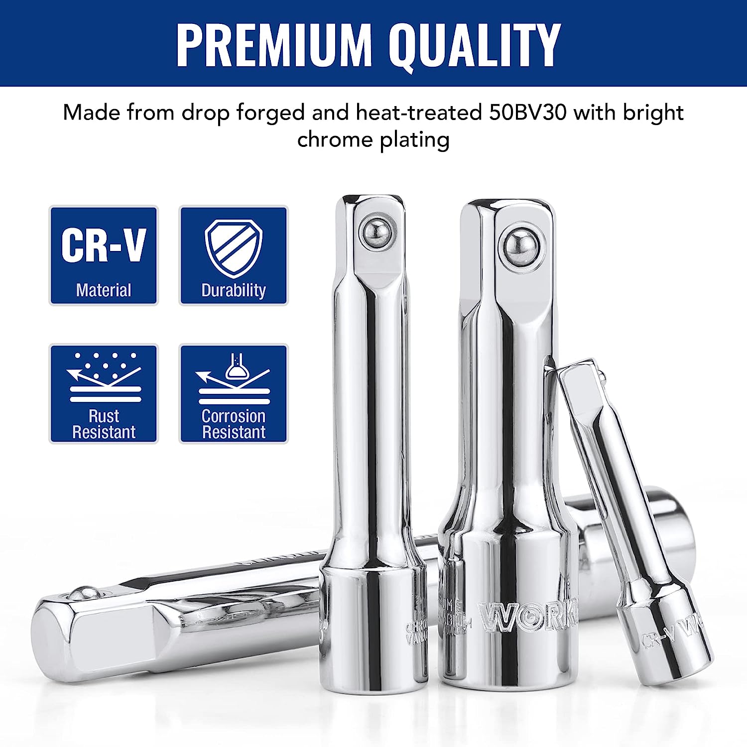 Chrome vanadium steel drive socket extensions with durability and corrosion-resistant design