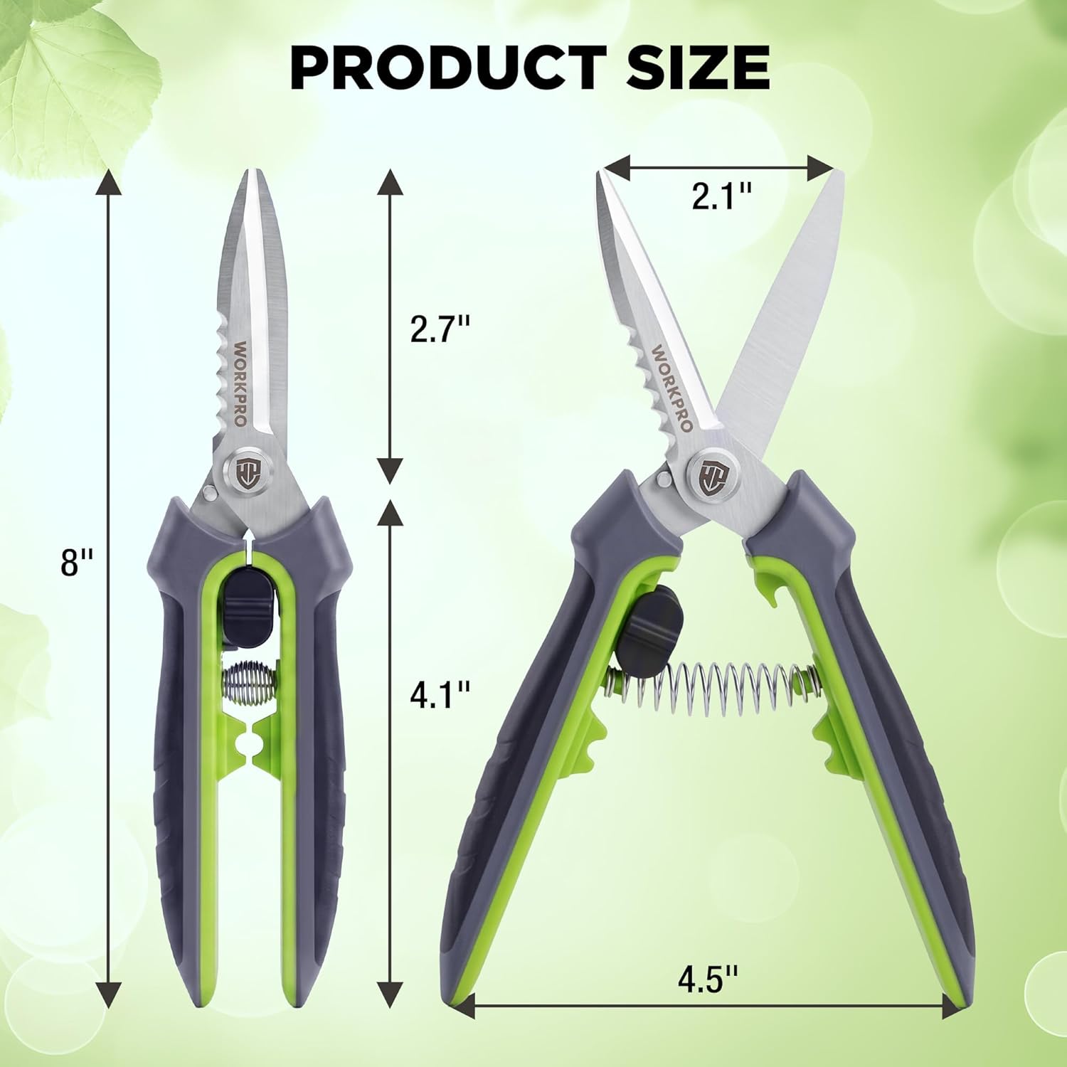 WORKPRO pruning shears, 8 in stainless blades with protective sheath, green and gray handles