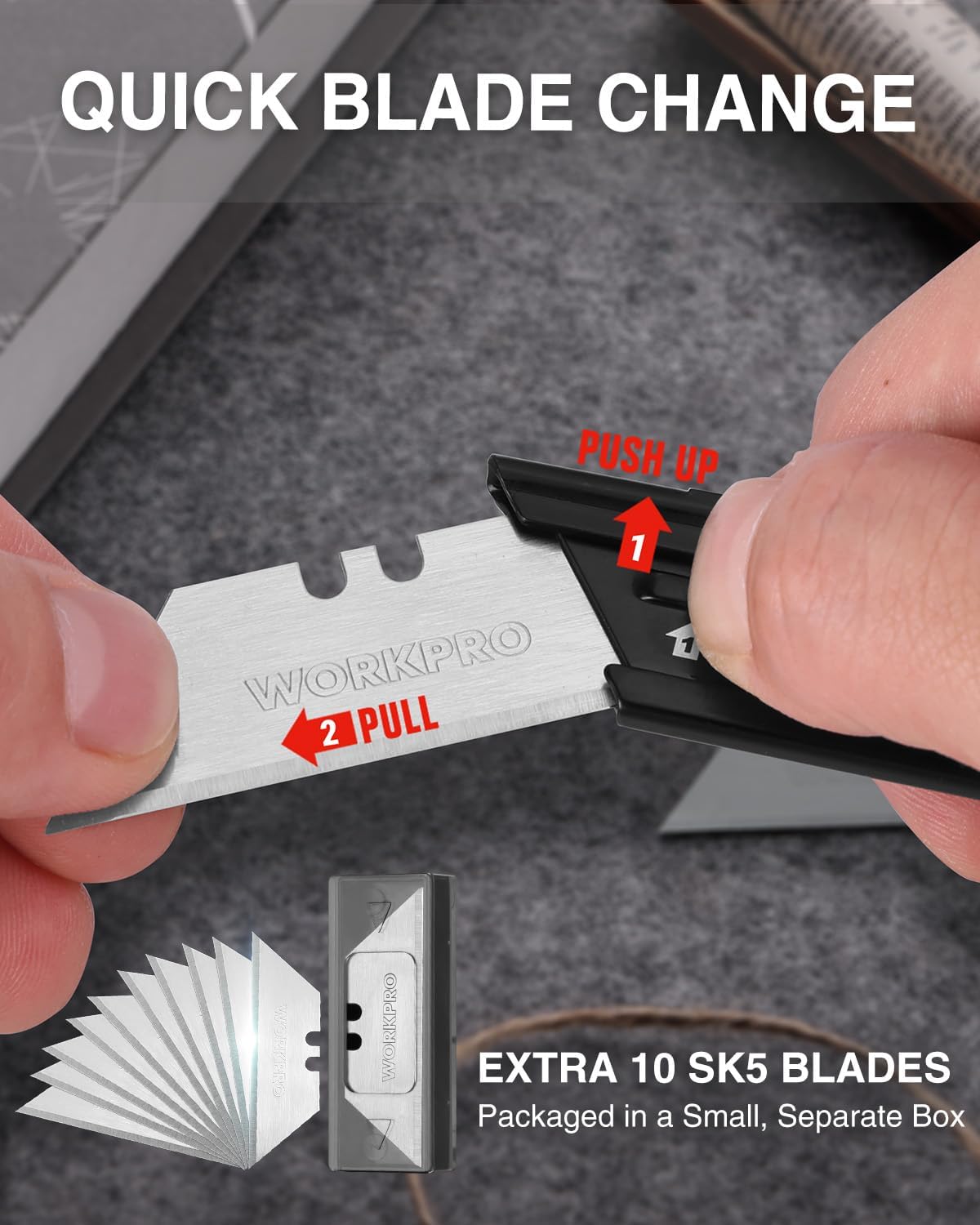 Folding utility knife with quick-change blade, black handle, spare SK5 blades shown.