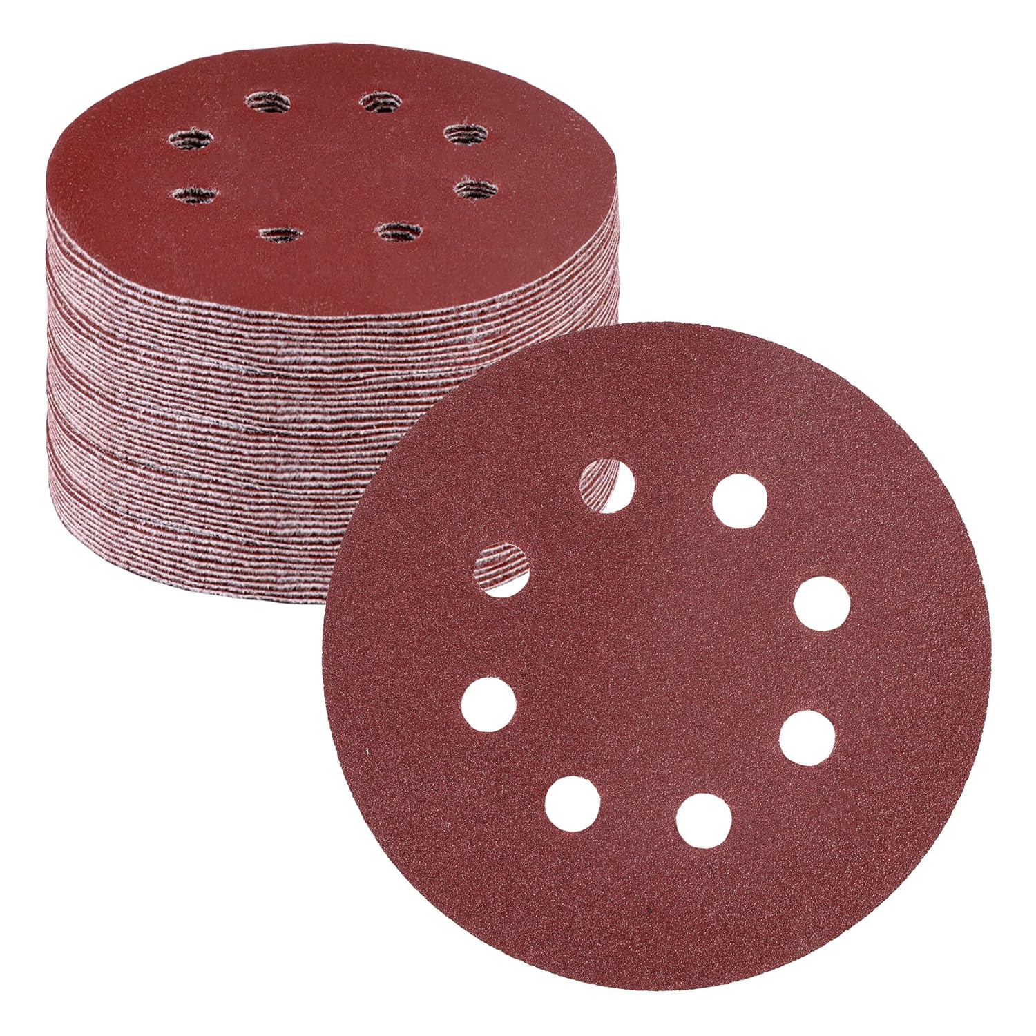 5-inch sanding discs with 8-hole pattern, maroon hook-and-loop abrasive backing, stacked.