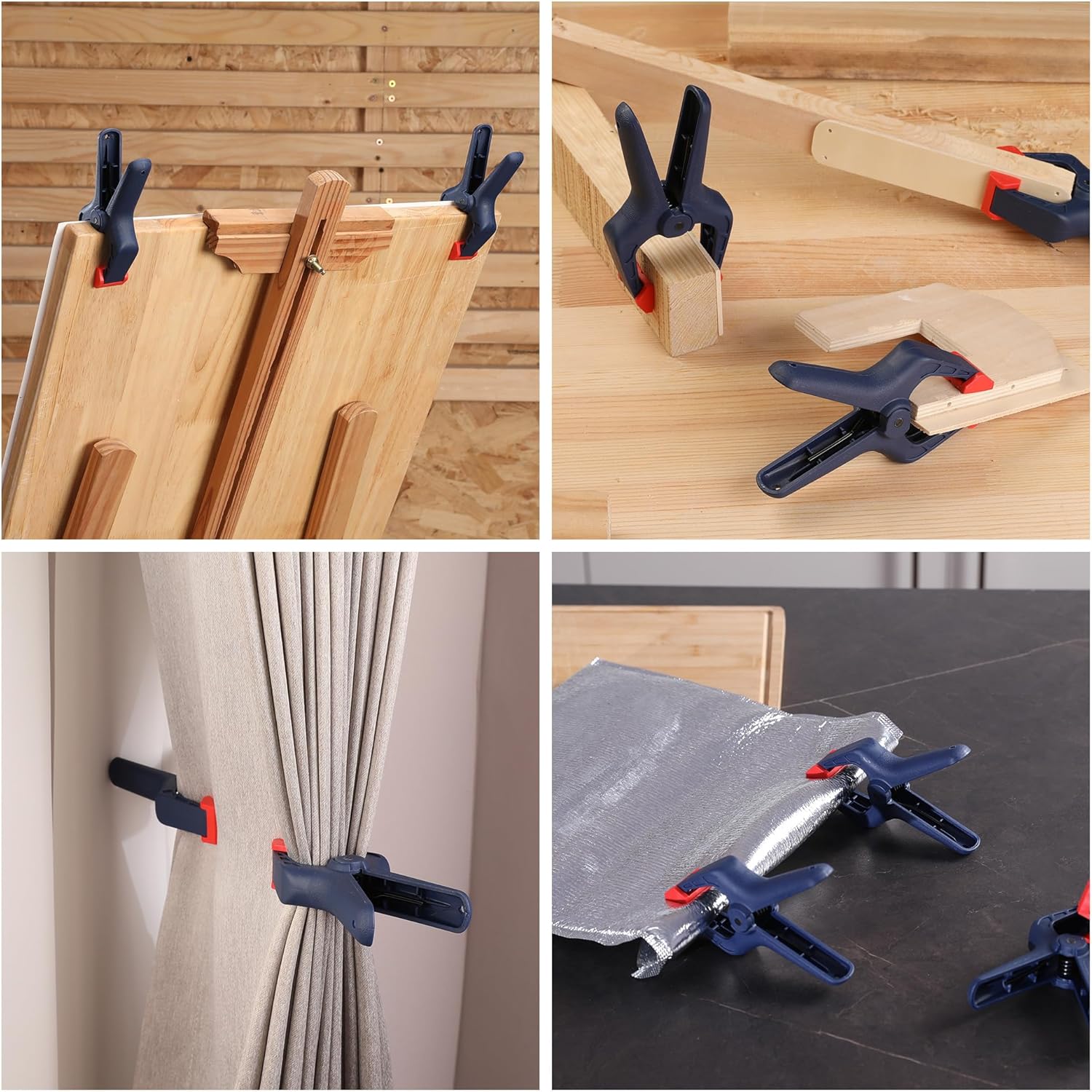 Bar clamps used on wood corners with black jaws and red pads; blue handles