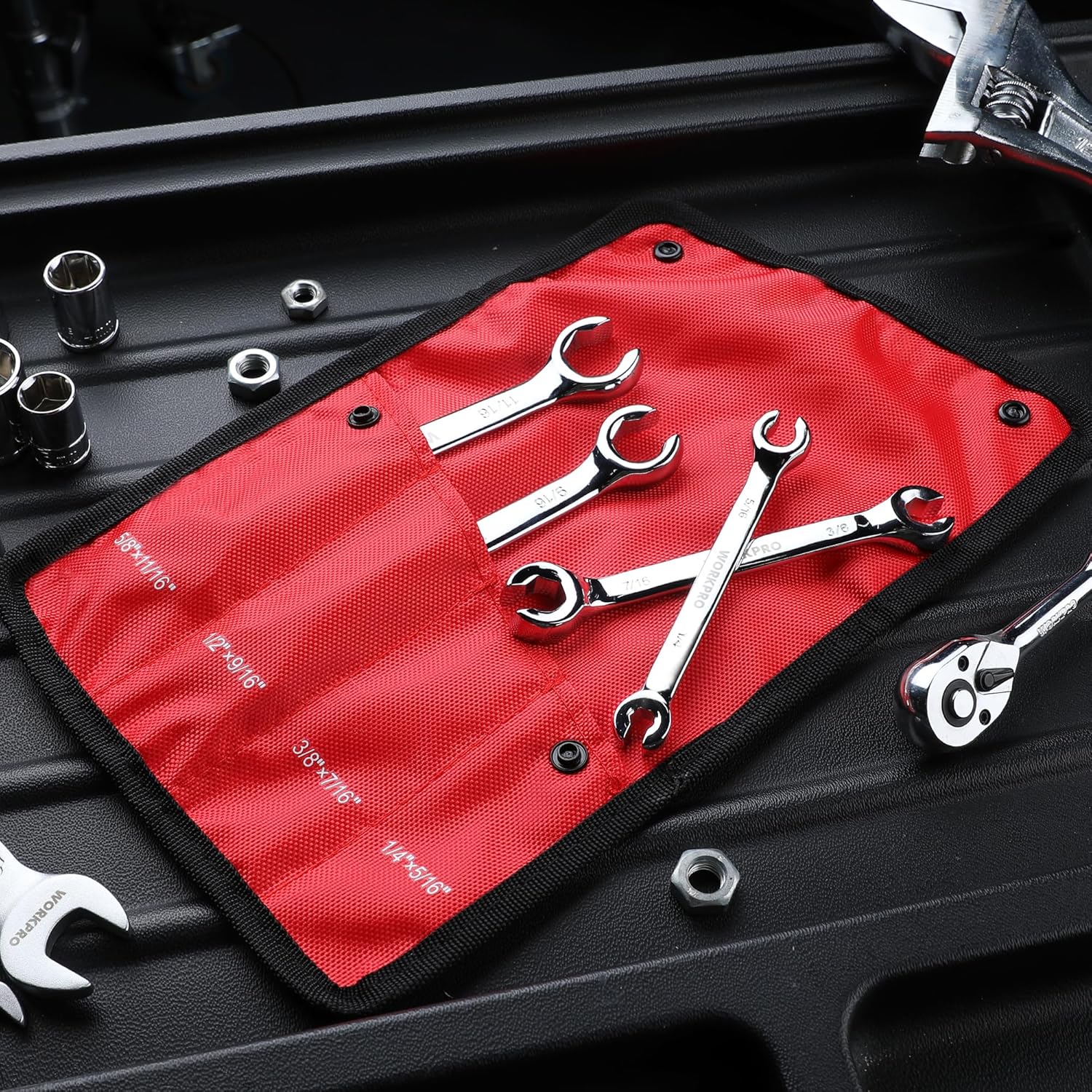 Red organizer pouch holding chrome flare nut wrenches in a set