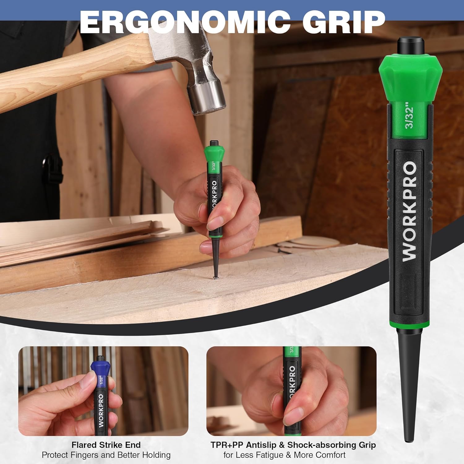 WORKPRO nail punch tool with green collar and shock-absorbing grip, used to drive a nail