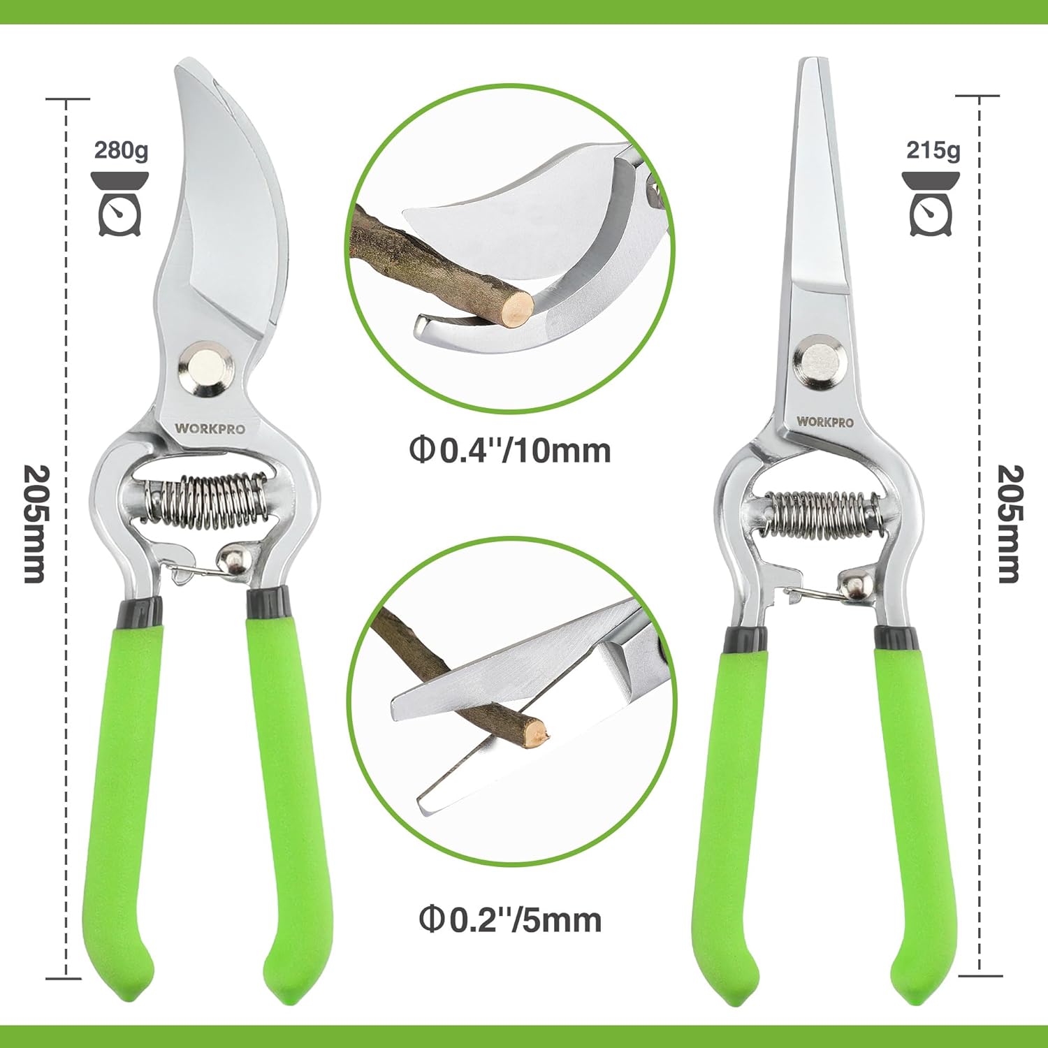 Two green-handled pruning shears with silver blades and coil spring