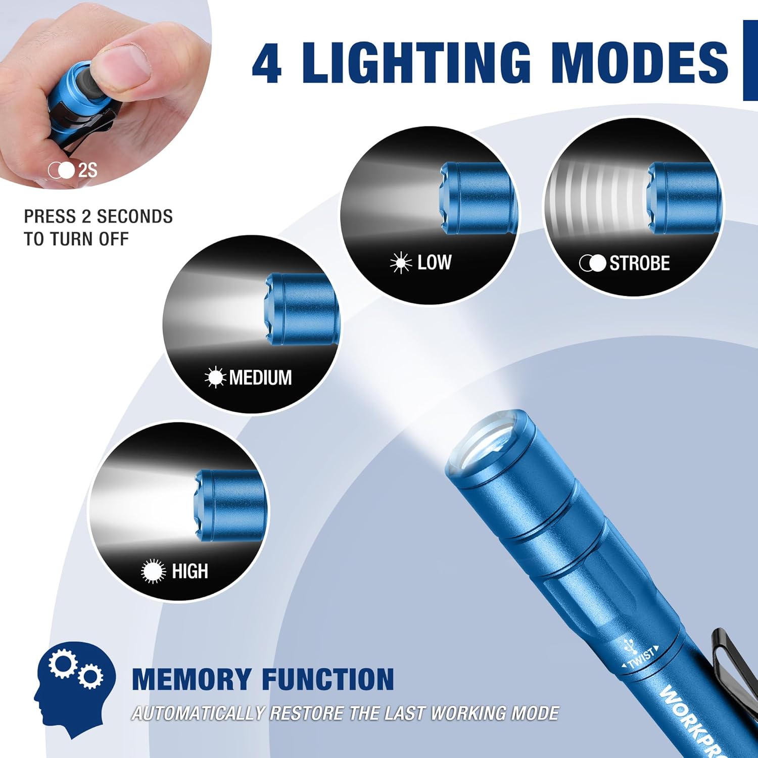 Blue mini pen light with pocket clip, showing compact cylindrical flashlight body.