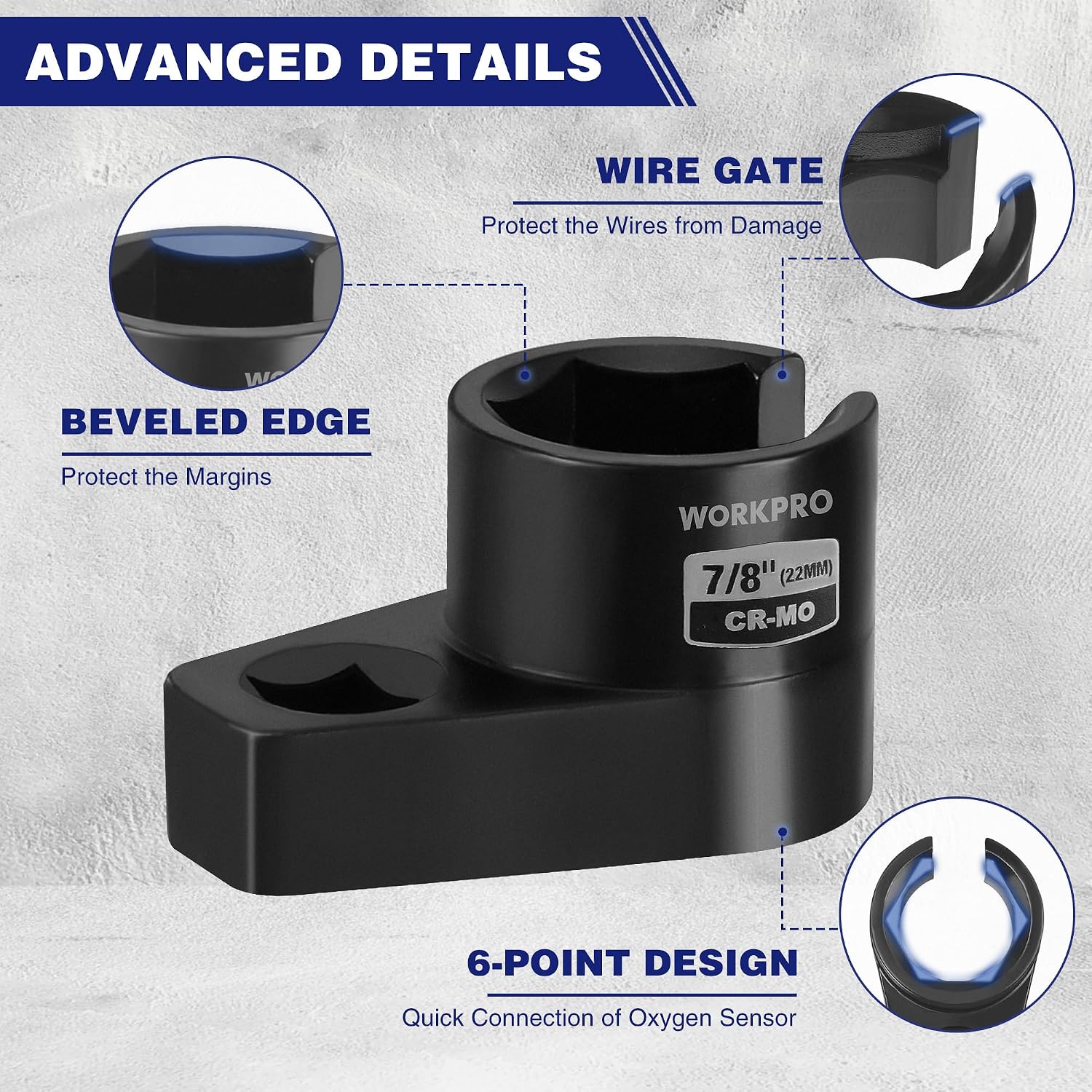 Black 6-point oxygen sensor socket with wire gate and beveled edge