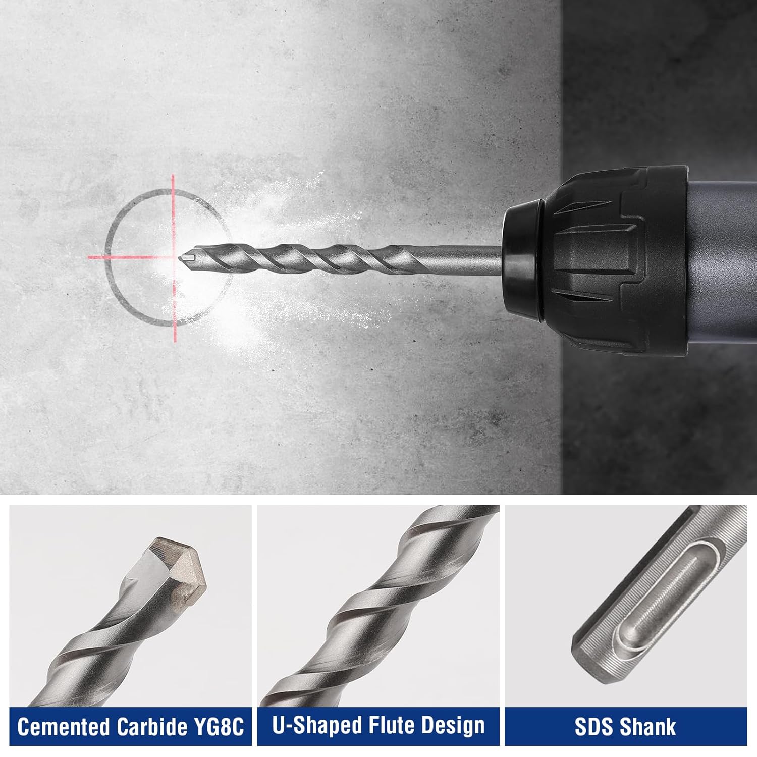 SDS shank rotary hammer drill bit on concrete, carbide-tipped fluted tip