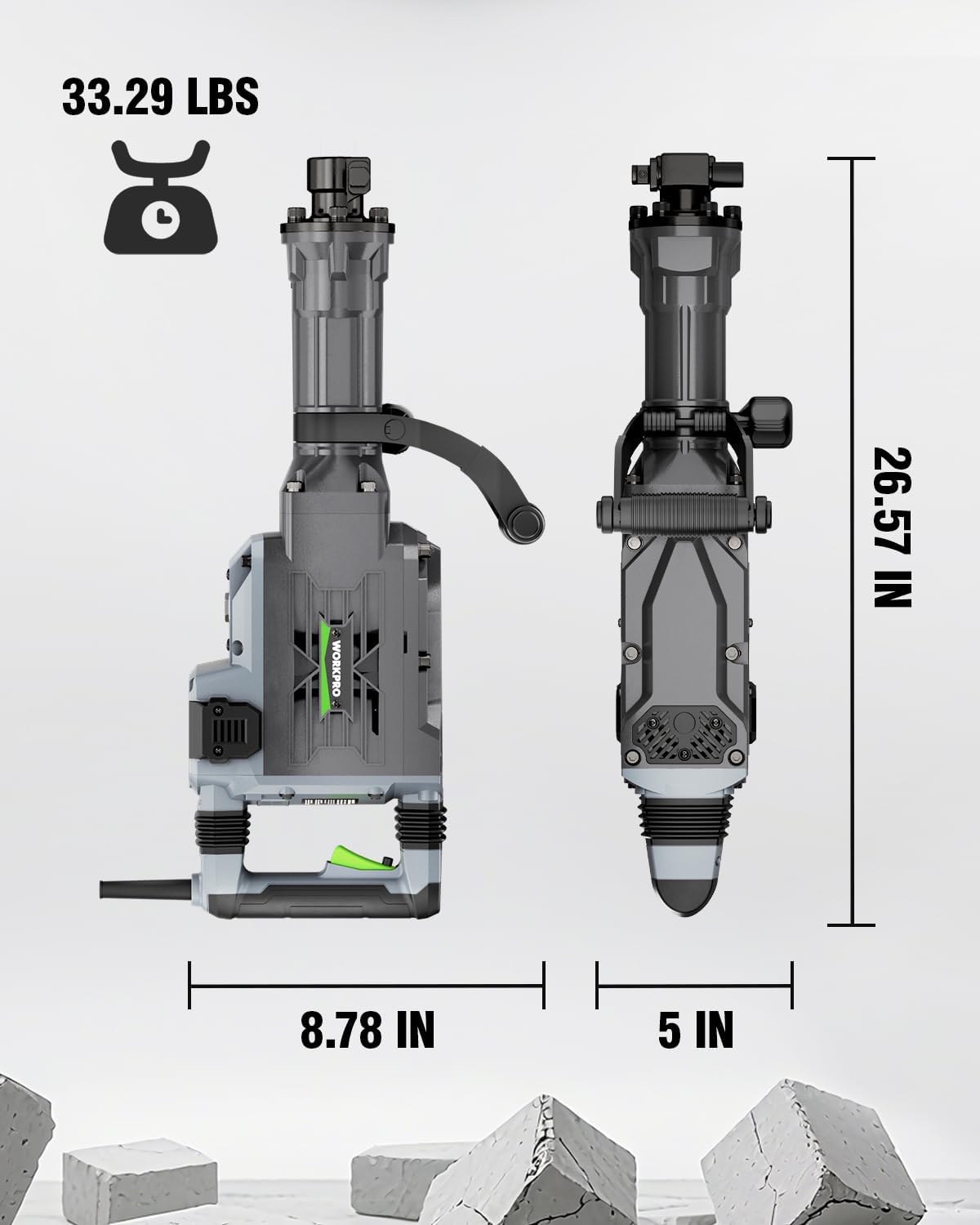 Demolition jackhammer with dimensions shown, front and side views