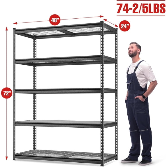 Black metal storage shelving unit with adjustable wire shelves and perforated frame.