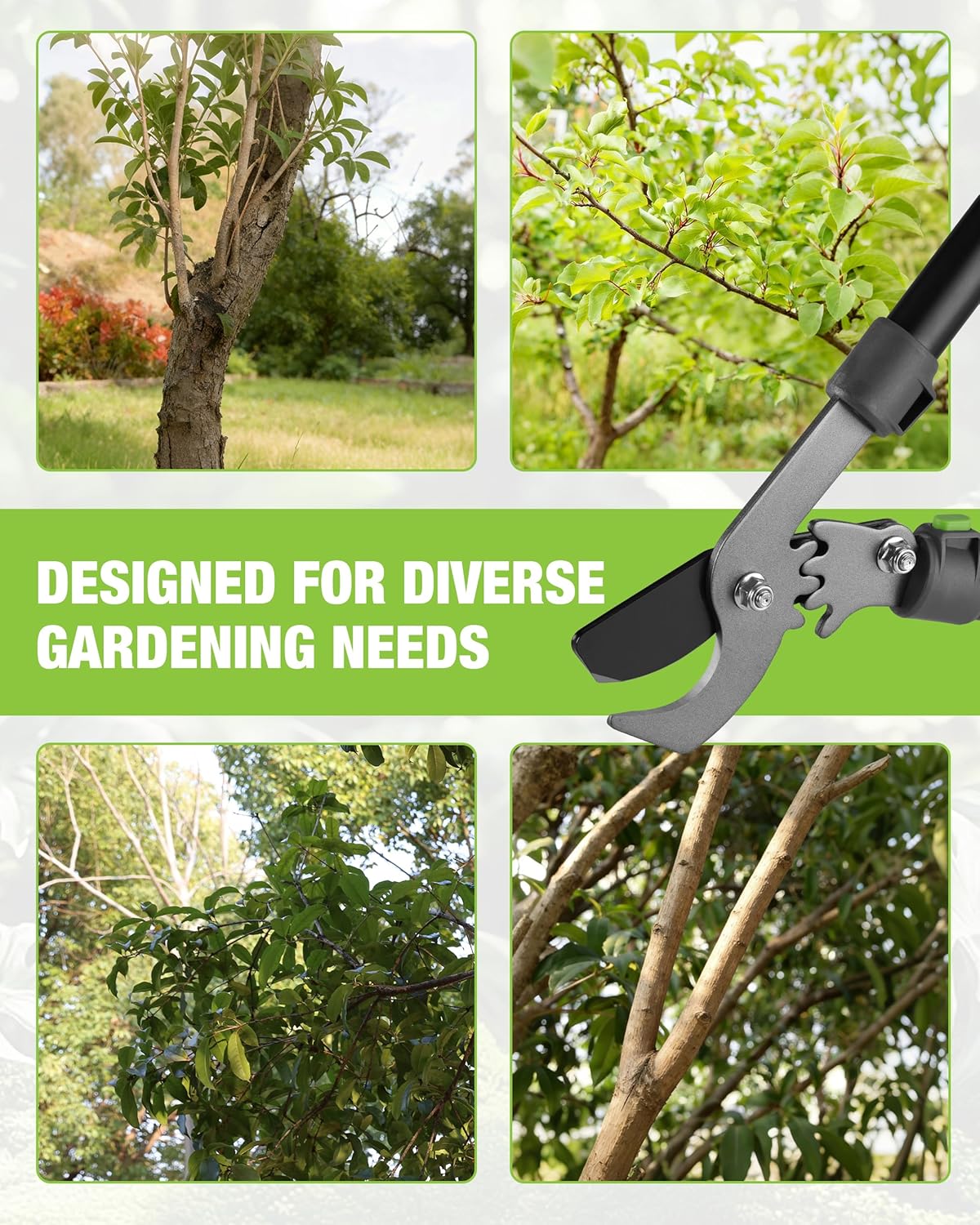 Bypass lopper suited for multiple garden branches with black blades and green grips