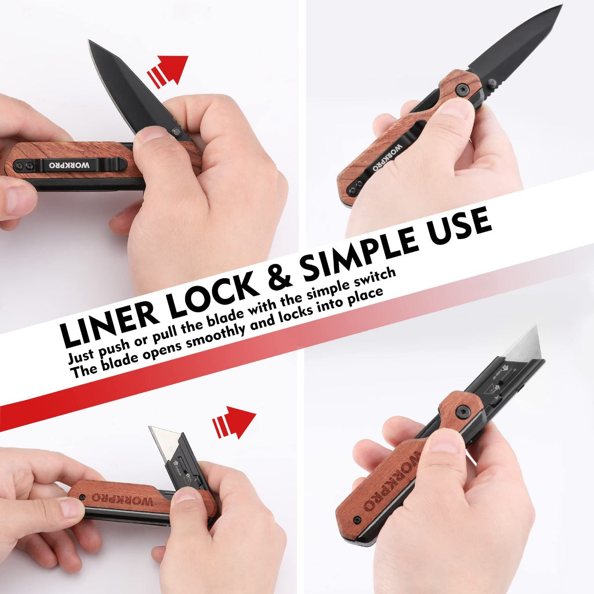 Folding utility knife with black blade and wood handle, liner lock in hand