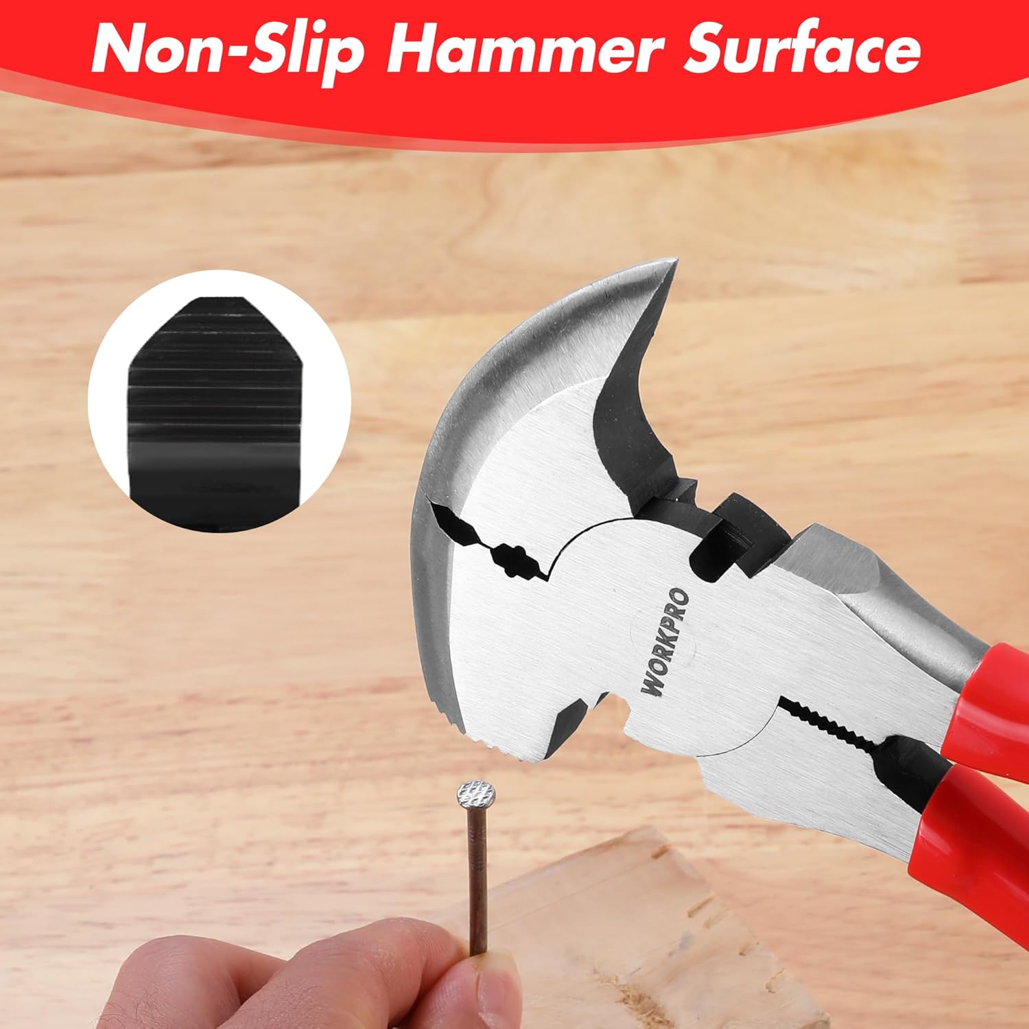 Fence cutter pliers with non-slip hammer surface and red handles, steel head