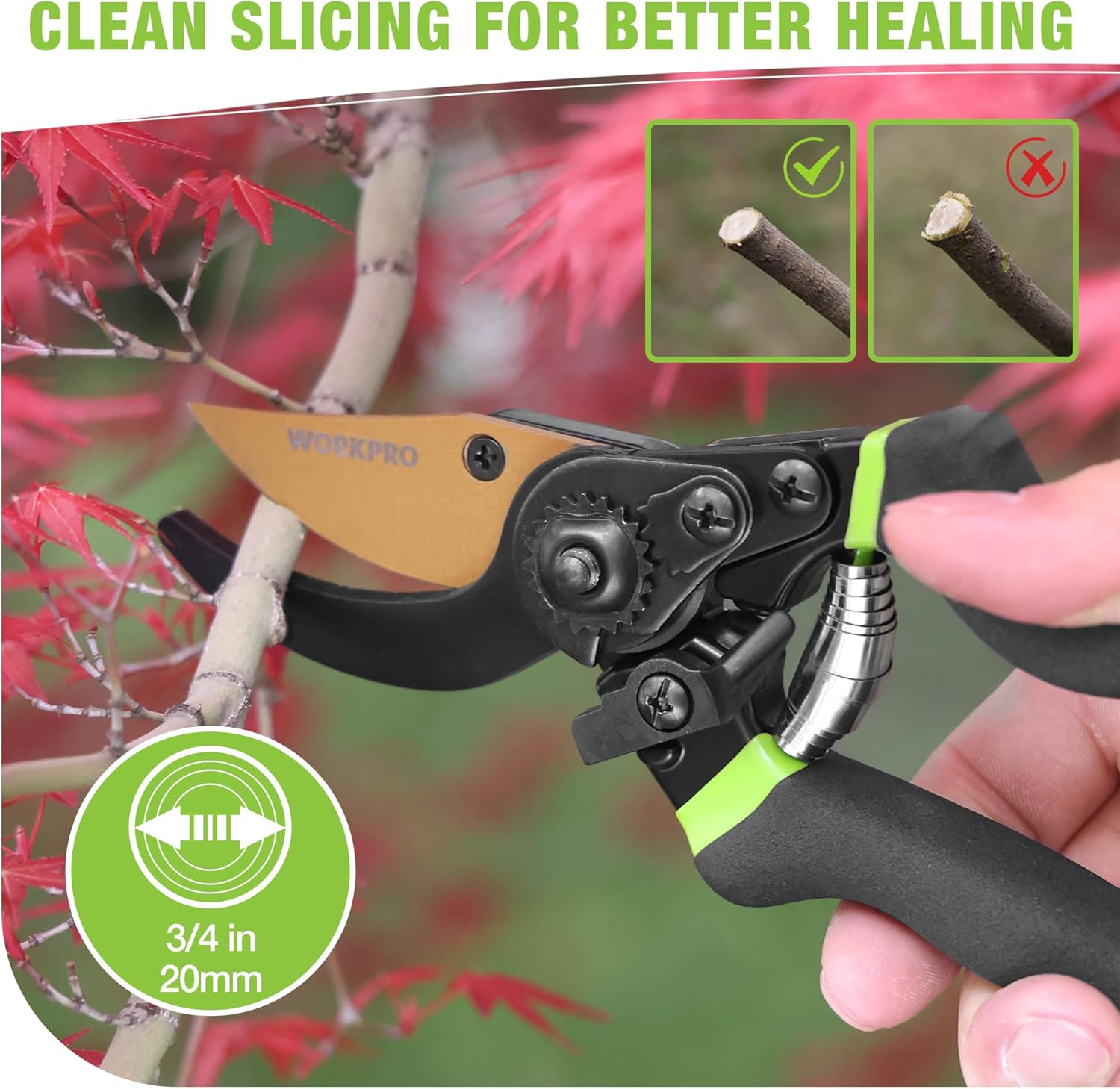 Bypass pruning shears cutting a twig, tan blade and black body with green grip handles