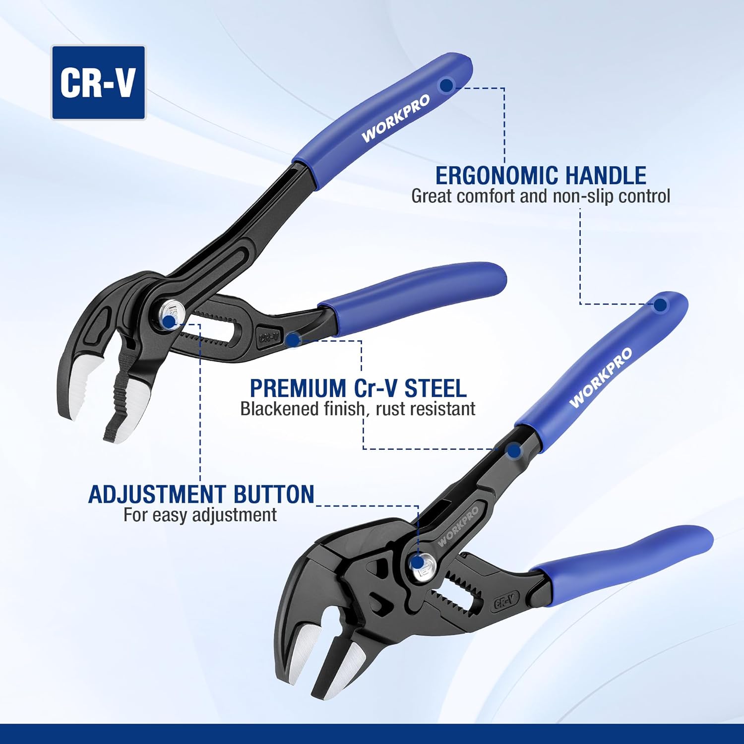 CR-V steel adjustable pliers with ergonomic blue handle, black jaw and adjustment button