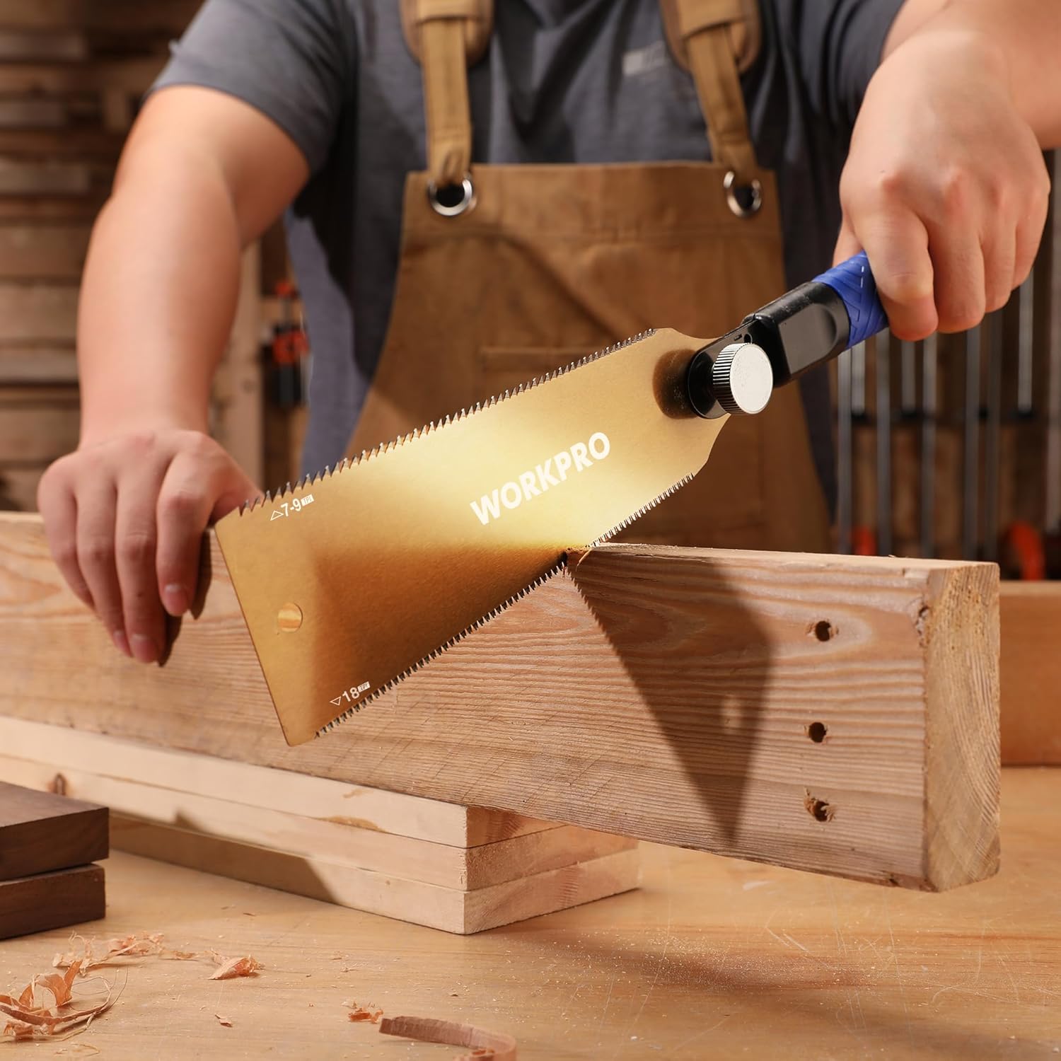 WORKPRO Japanese pull saw with gold double-edged blade and blue TPR handle