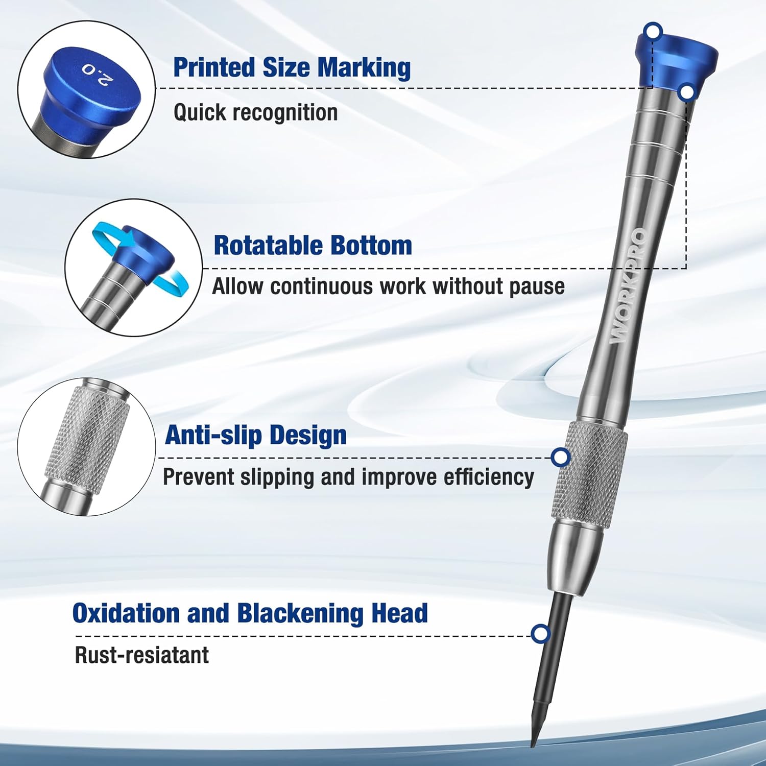 Precision magnetic screwdriver with anti-slip knurled grip, blue top, and pointed metal tip