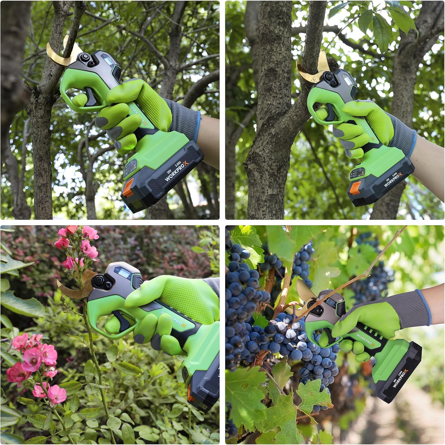 Green electric pruning shears in use with gloved hands trimming branches and flowers