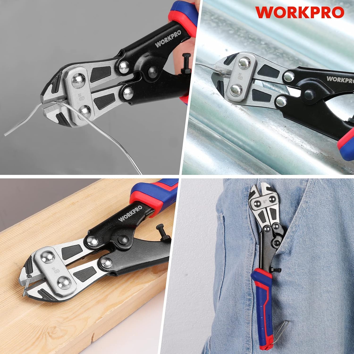 Mini bolt cutter in use, cutting metal with blue/red anti-slip handles