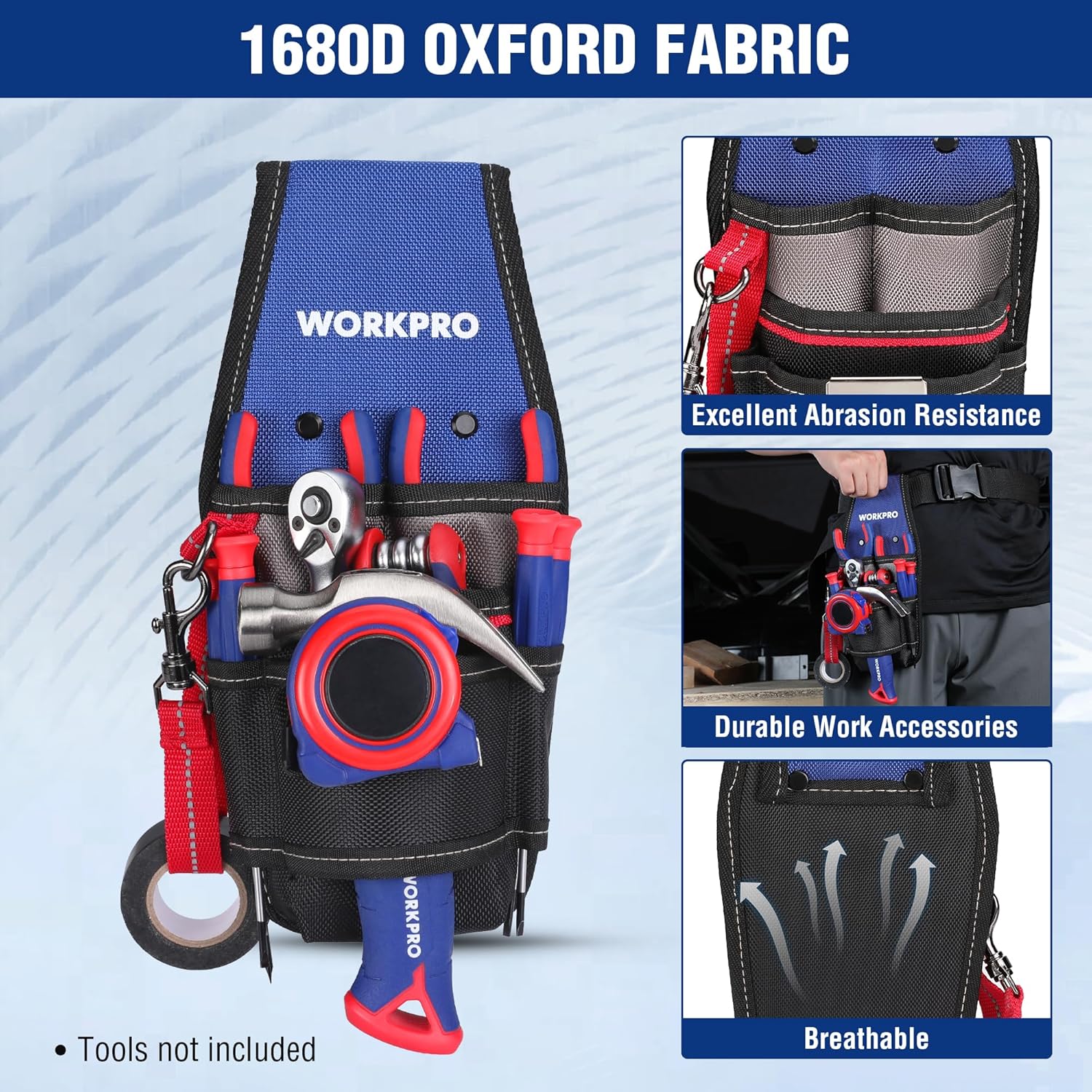 Small blue and black tool pouch with red accents, multiple tool slots, and strong fabric