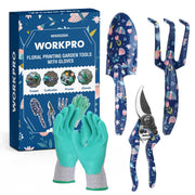 WORKPRO floral printing garden tool set with turquoise gloves and blue tool handles