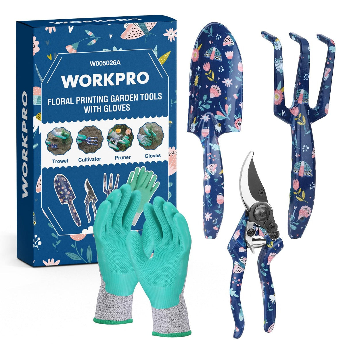 WORKPRO floral printing garden tool set with turquoise gloves and blue tool handles