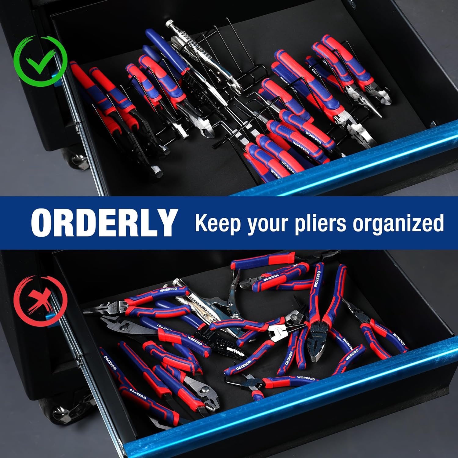 Black plier organizer rack holding assorted red-and-blue handled pliers