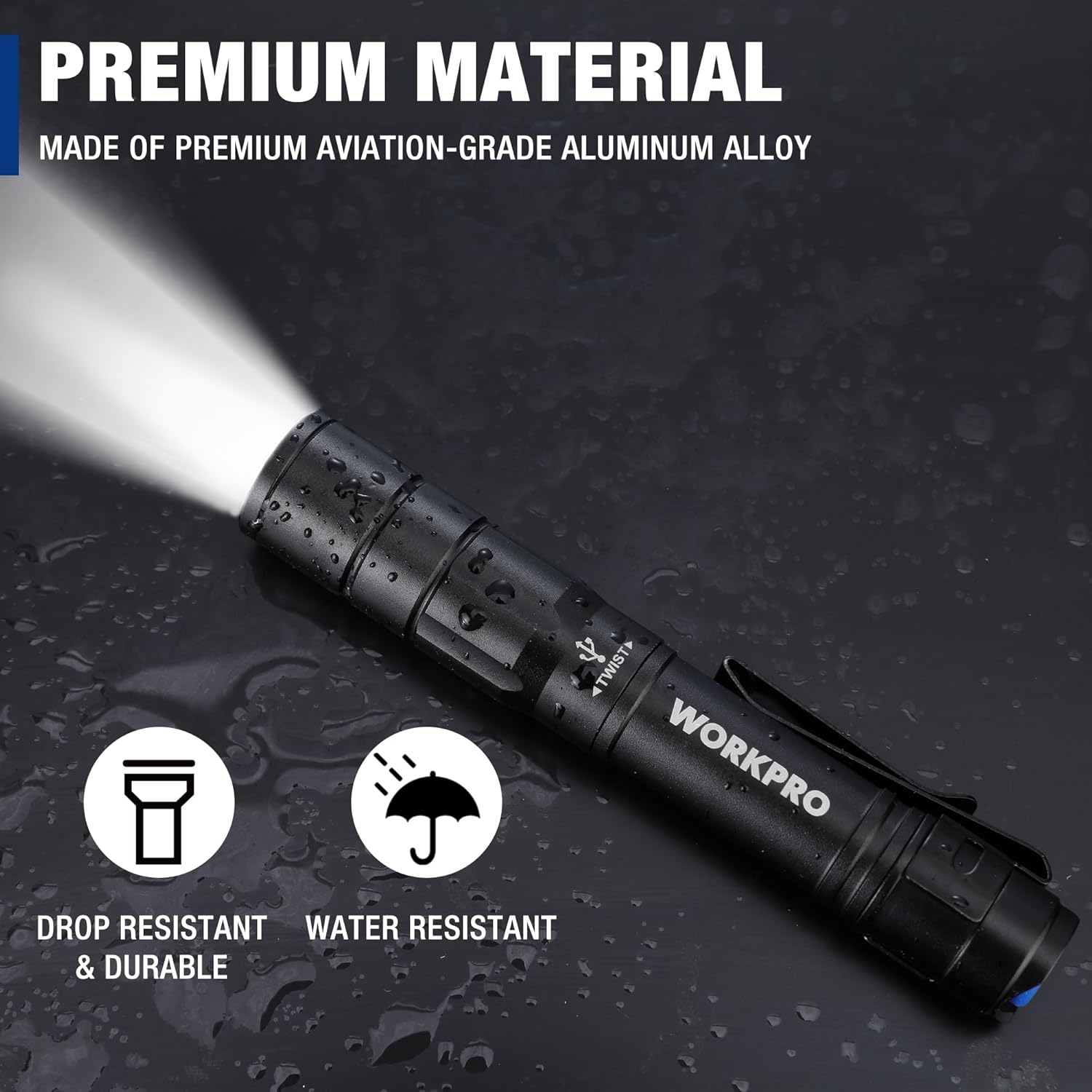 Black aluminum rechargeable pen light with knurled grip and front lens head.