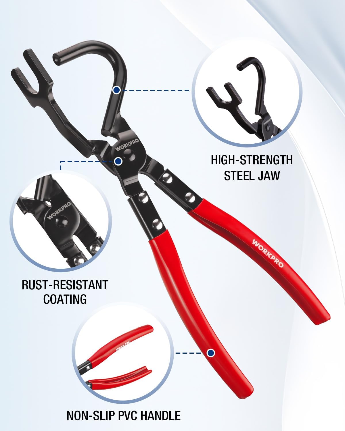 Red and black exhaust hanger removal pliers with non-slip PVC handle and steel jaws