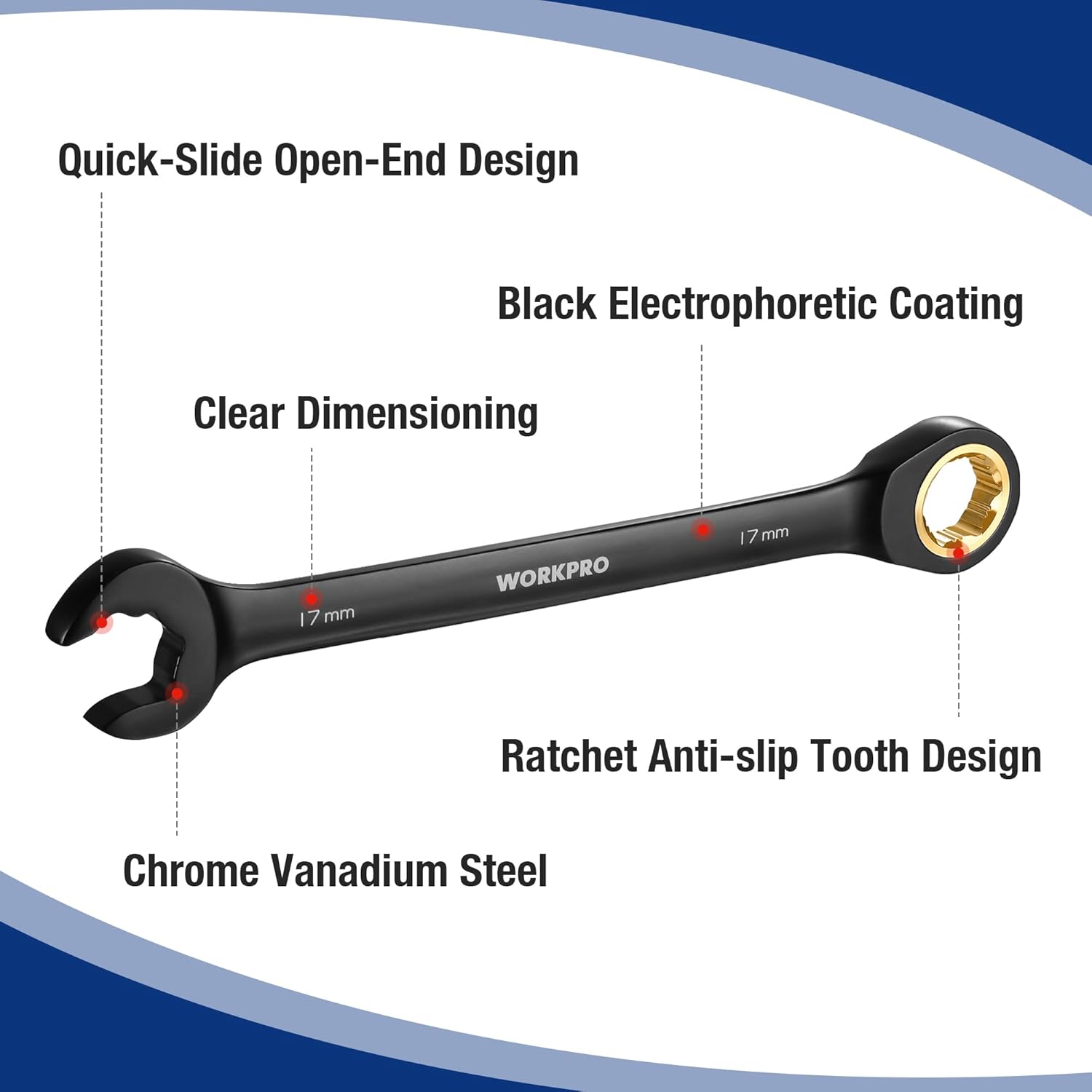 WORKPRO black open-end ratcheting combination wrench with quick-slide design
