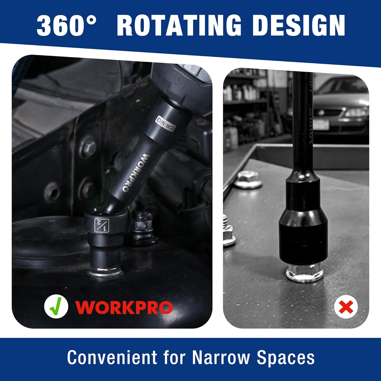 Swivel driveline socket with black shaft and chrome drive end for access