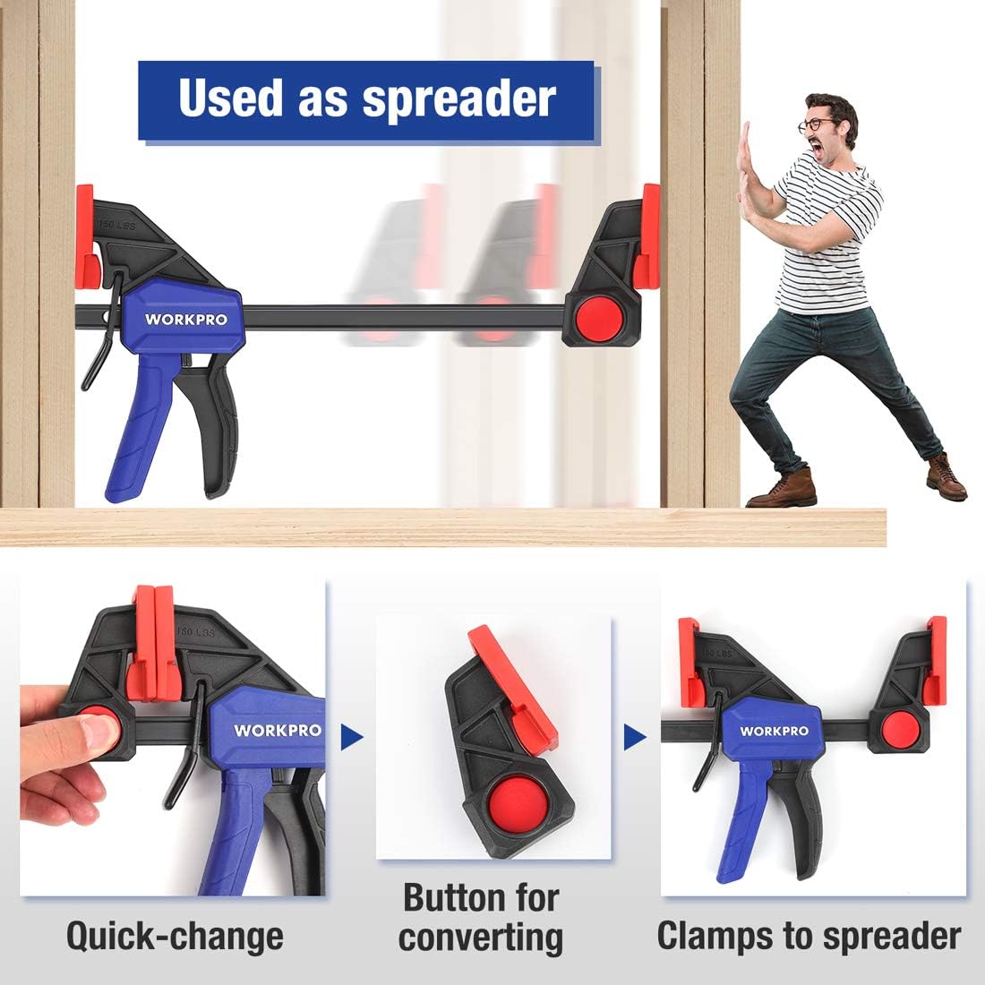WORKPRO F clamps set with blue handles and red pads, shown as spreader