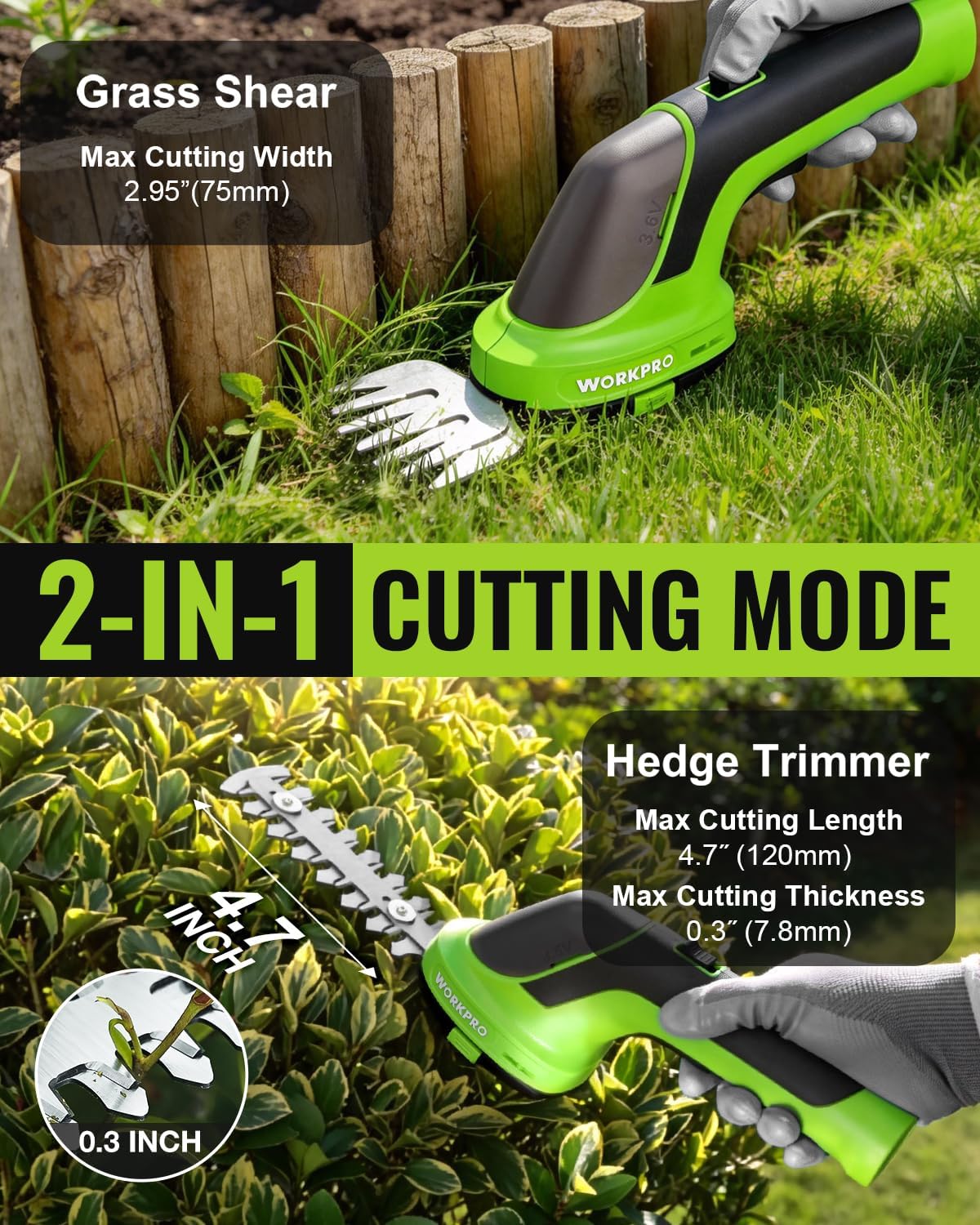 Cordless hedge and grass trimmer with green-and-black body and grass shear blade