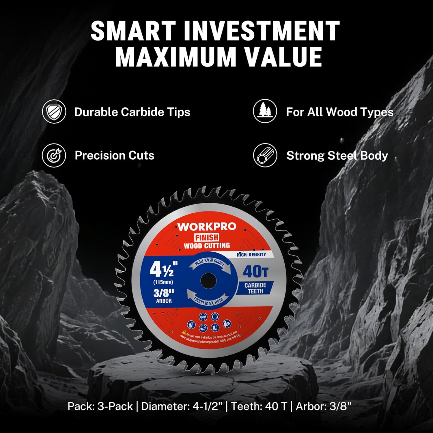 WORKPRO 4-1/2 in 40T carbide circular saw blade with red/blue face, 3-pack.