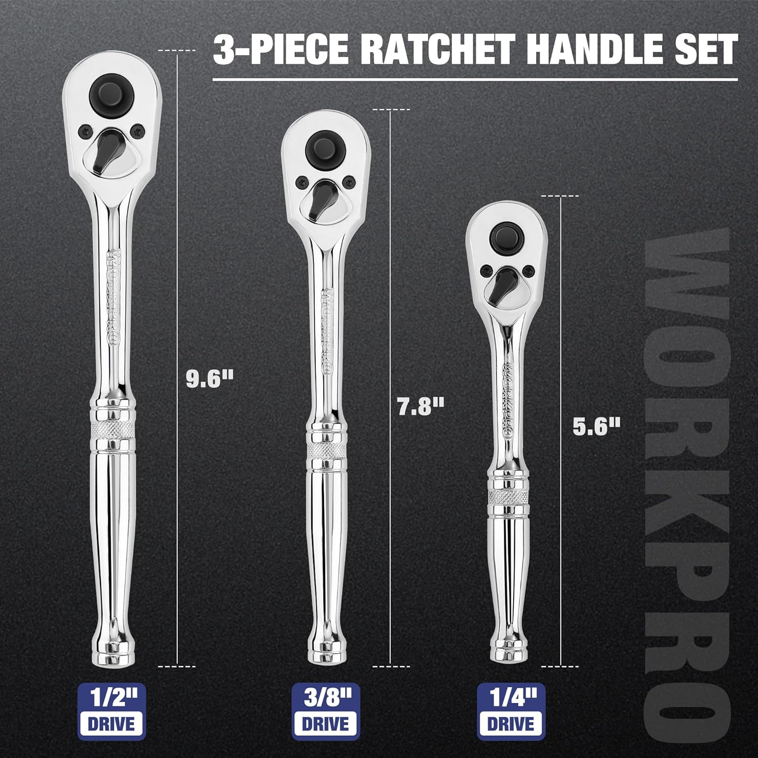 Chrome ratchet wrench set with three reversible ratchet handles, fully polished finish