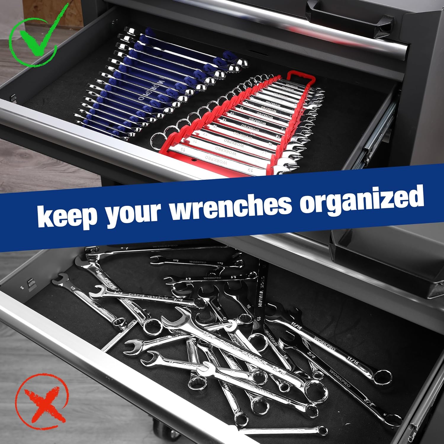 Magnetic wrench rack set in a drawer: blue and red holders with gripper teeth