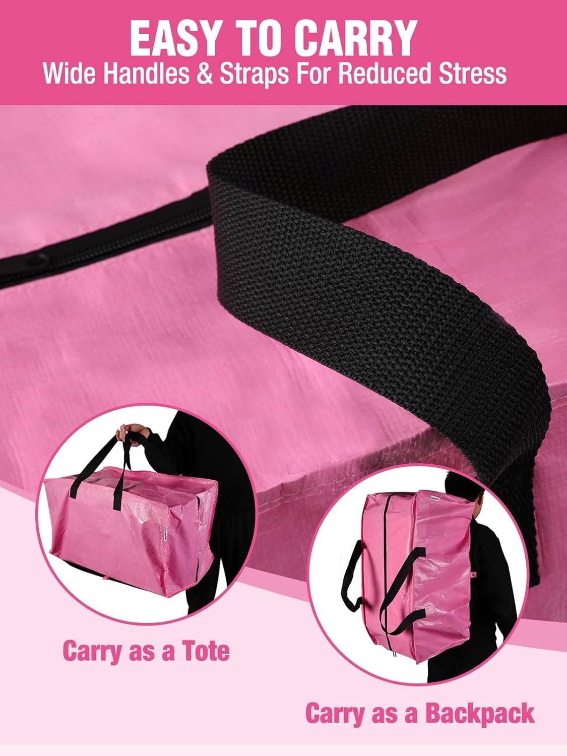 Pink moving tote bag with wide black strap handles and front zipper closure