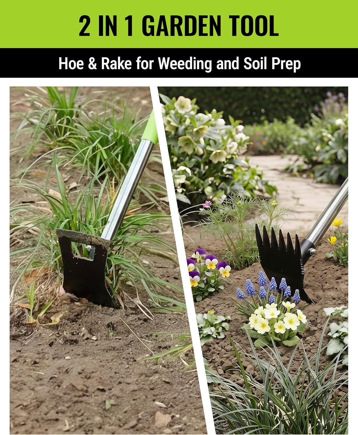2-in-1 garden hoe and weed rake with long metal handle, black head for weeding soil