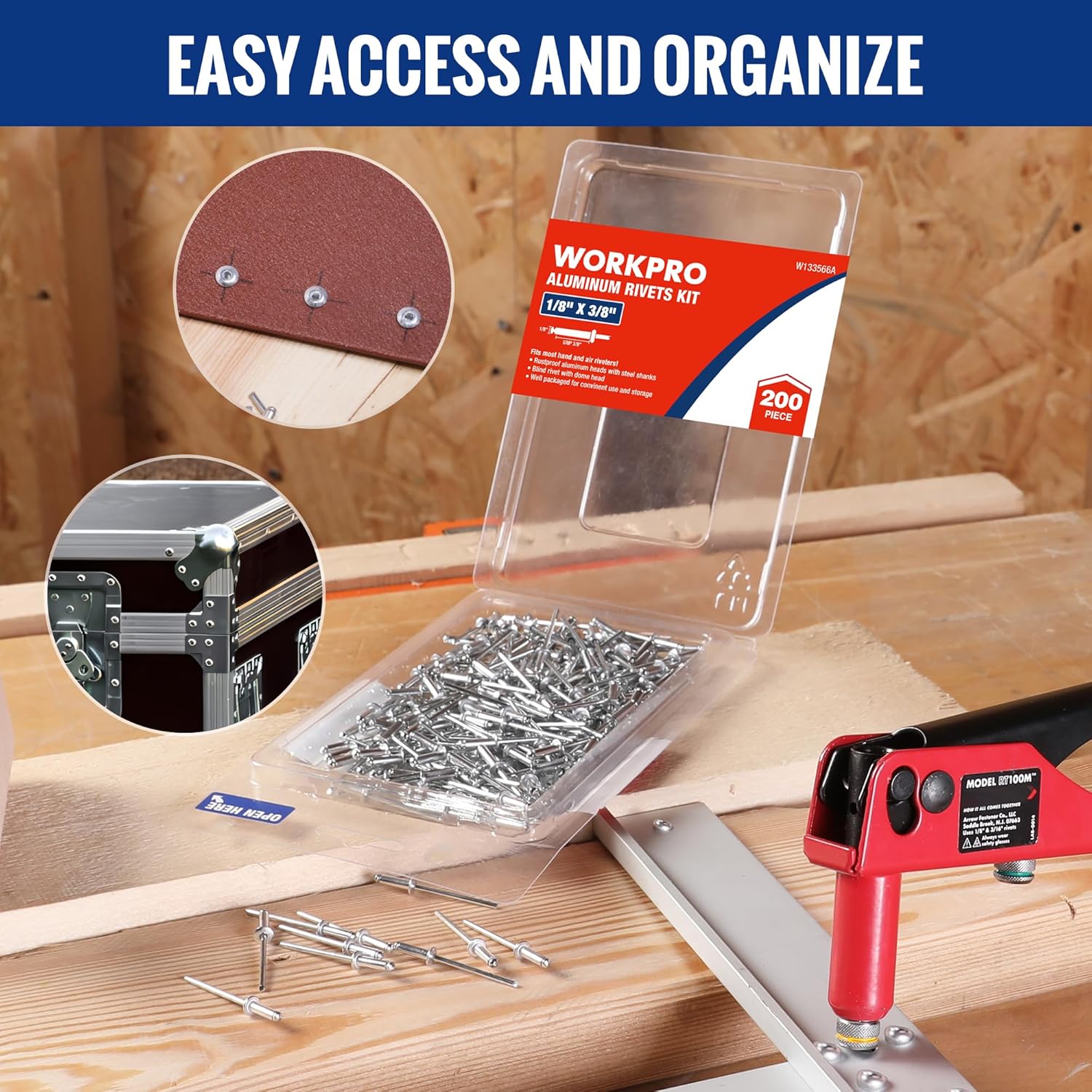 Aluminum blind rivet kit with clear case holding silver rivets, 200 pcs