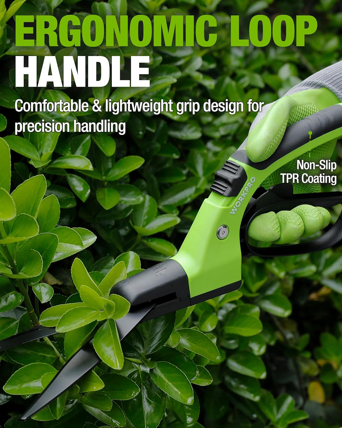 WORKPRO grass clippers with ergonomic loop handle and non-slip TPR coating, lime-green