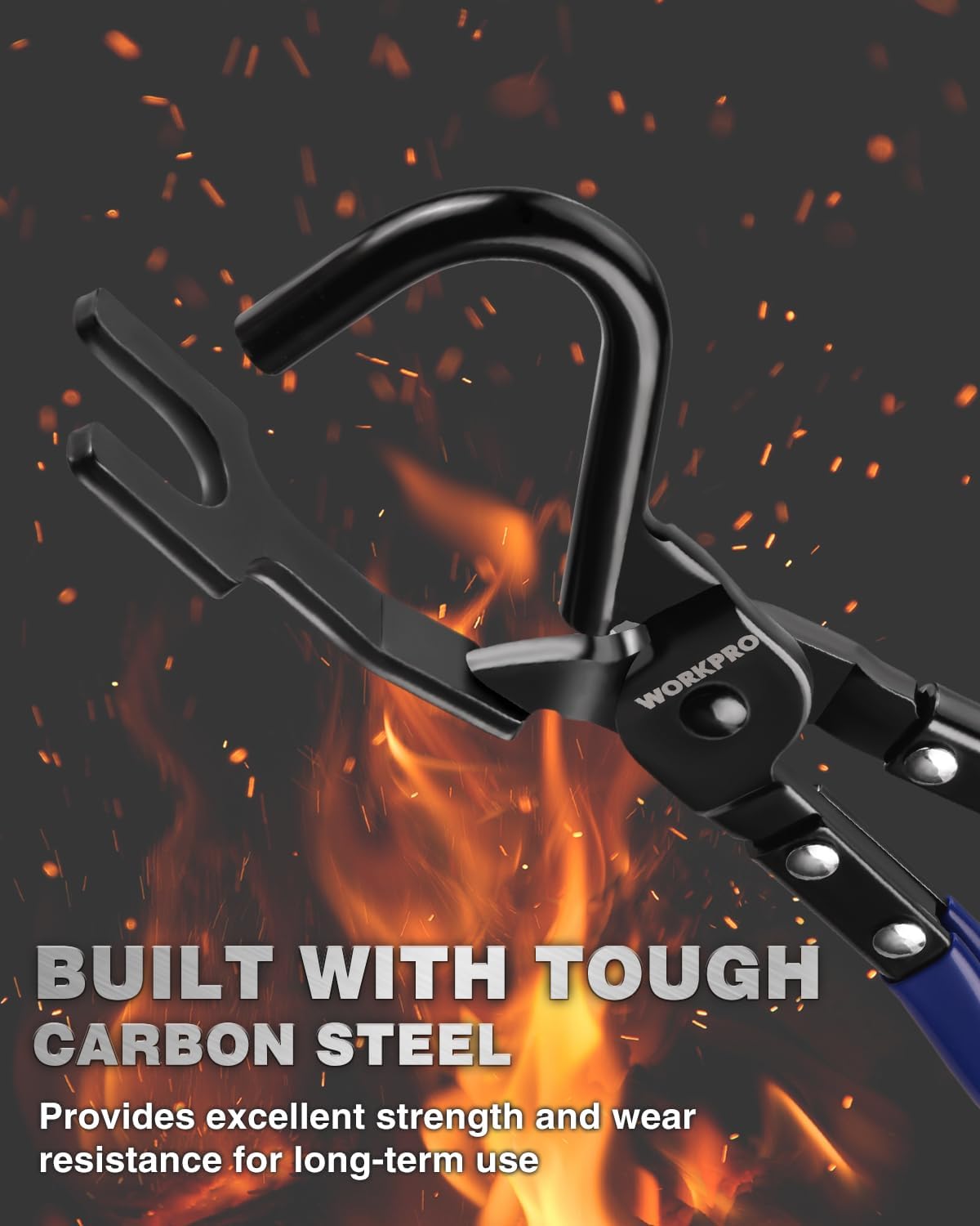 Blue-and-black exhaust hanger pliers with curved hook jaws for rubber hangers