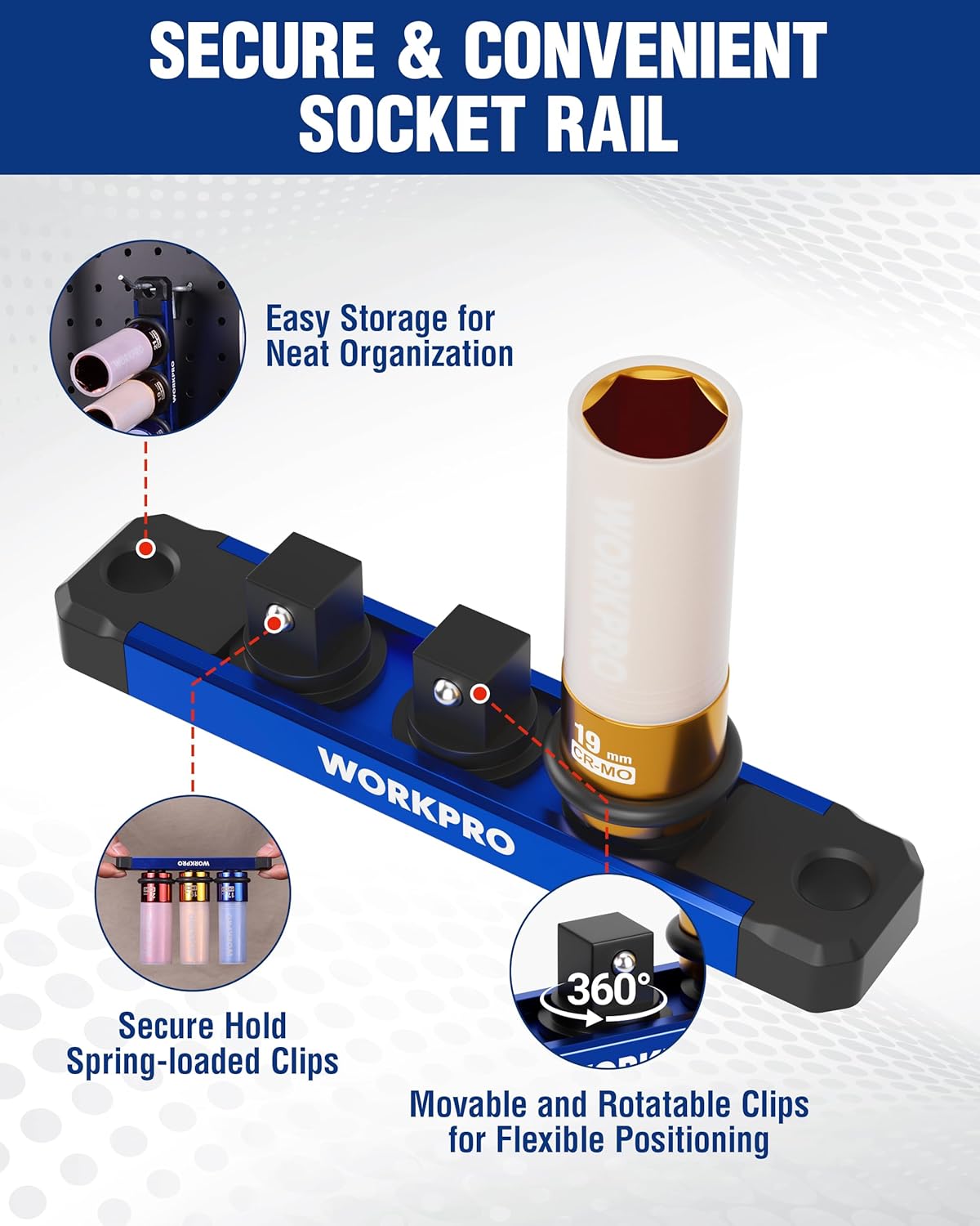 Socket rail set with secure spring clips and 360° movable, rotatable positions