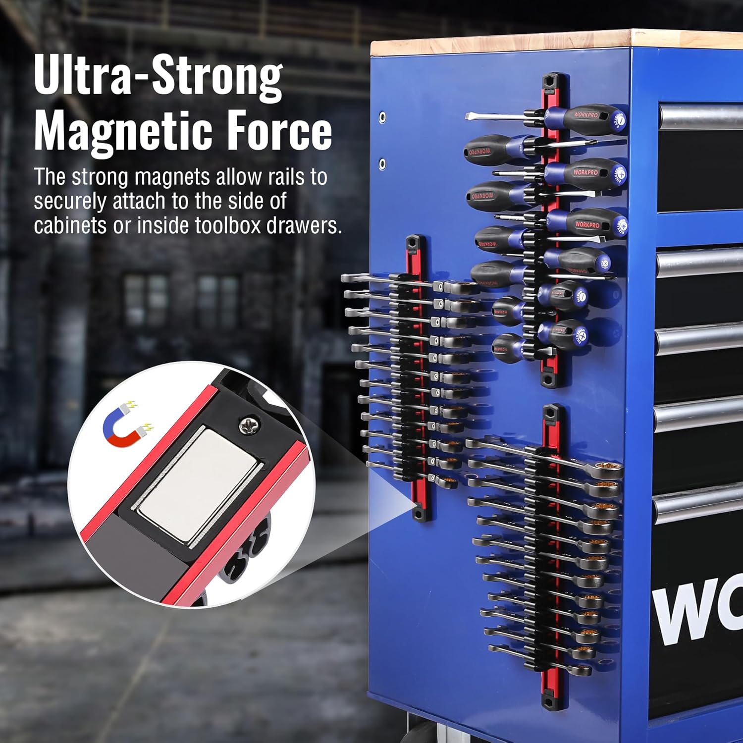 Aluminum magnetic tool holder with 12 slots and blue backing panel, for screwdrivers and wrenches.