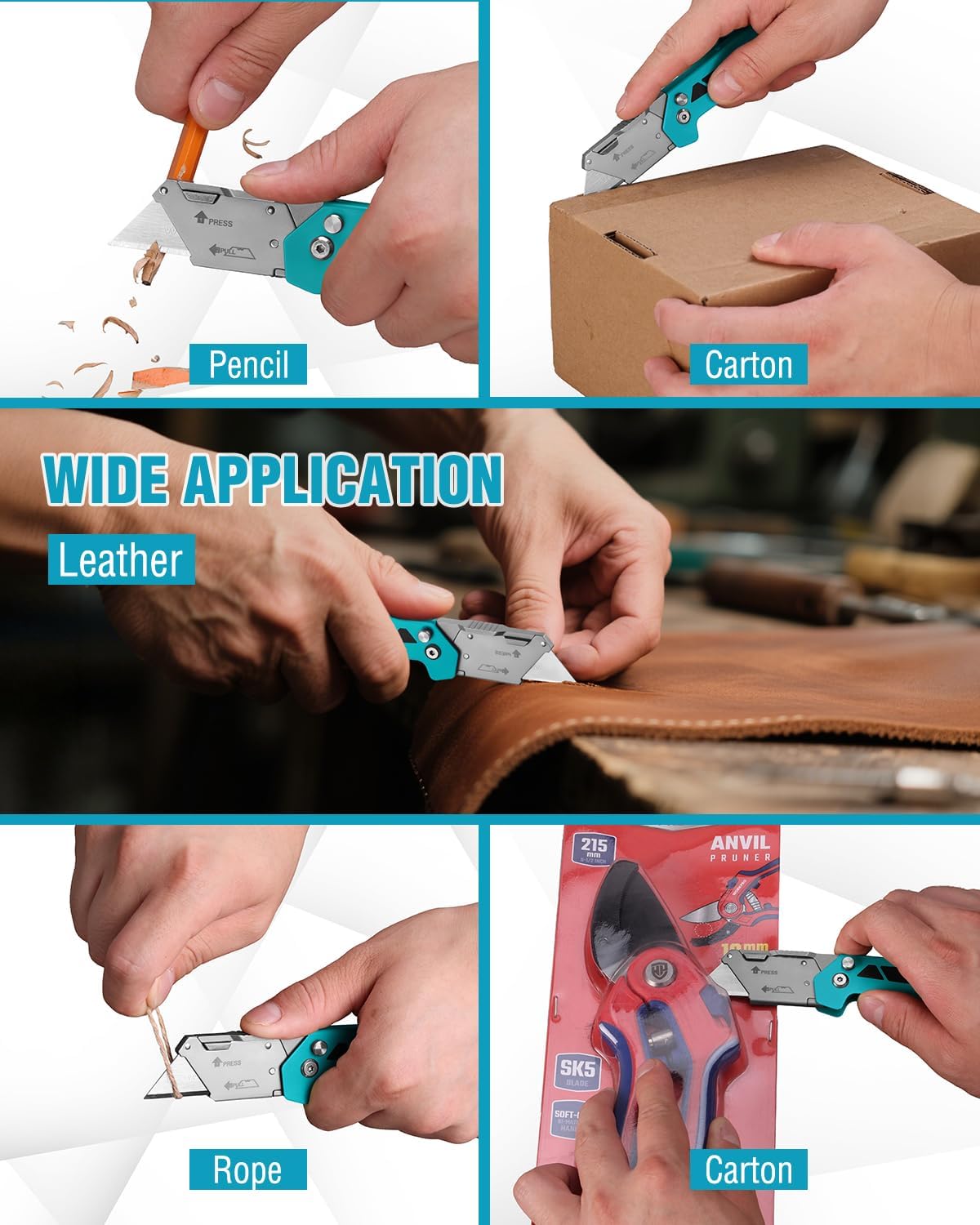 Folding utility knife with teal handle cutting through a carton box