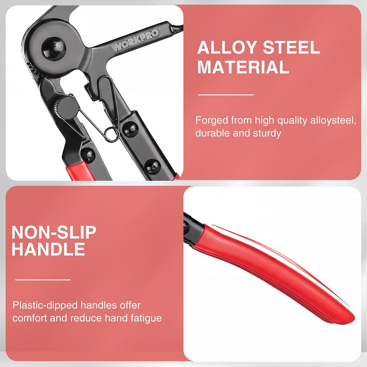 Red and black alloy steel hose clamp pliers with non-slip red grip handles