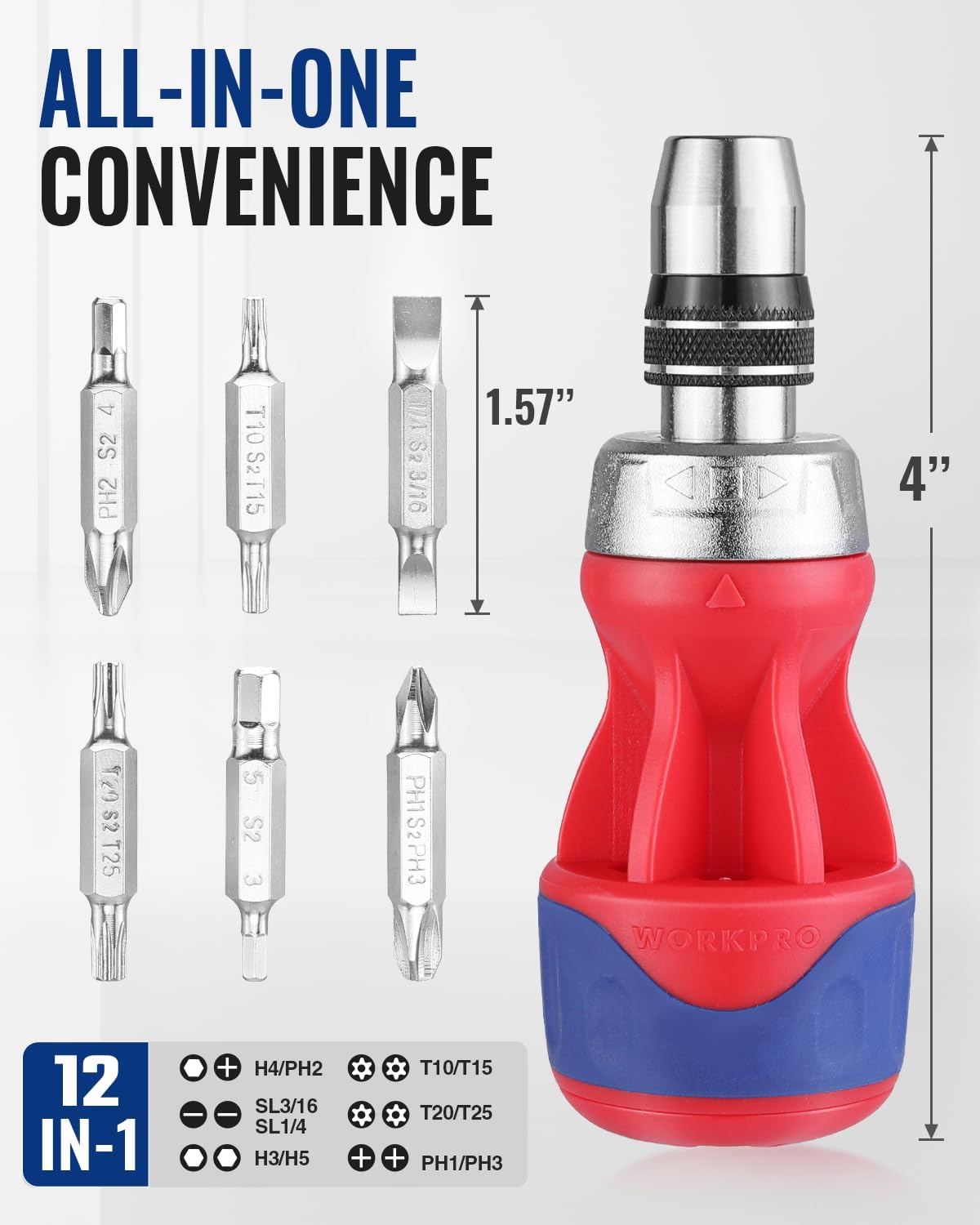 12-in-1 stubby ratcheting screwdriver, red/blue handle, 12 double-end S2 bits
