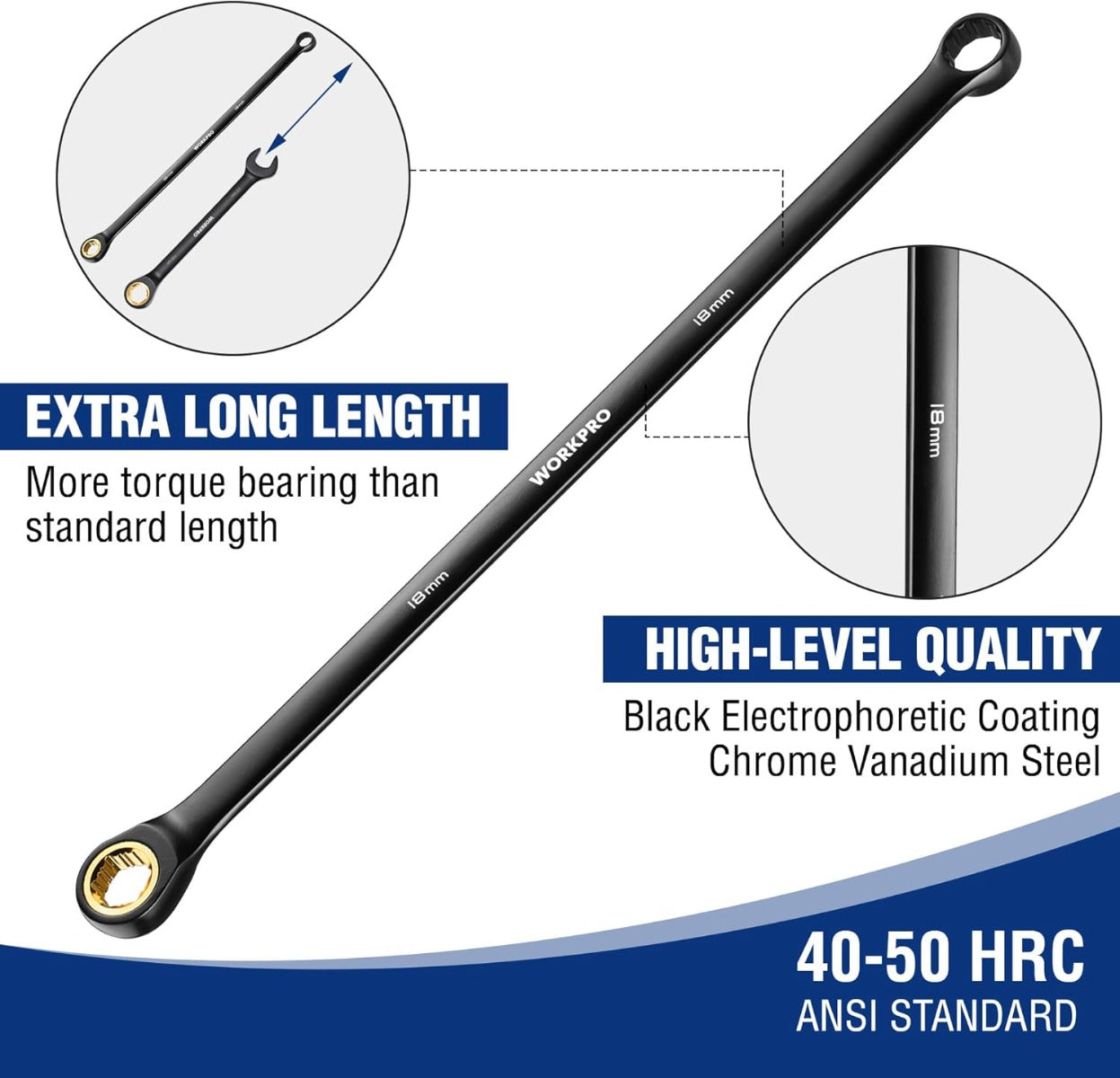 Extra-long ratcheting box-end wrench, black finish, gold drive ends, 8–19 mm