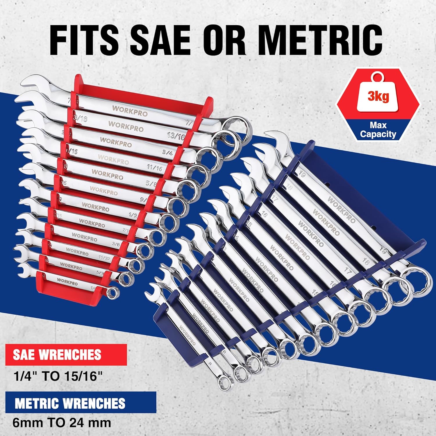 Magnetic wrench holder set for SAE and metric wrenches, red and blue racks