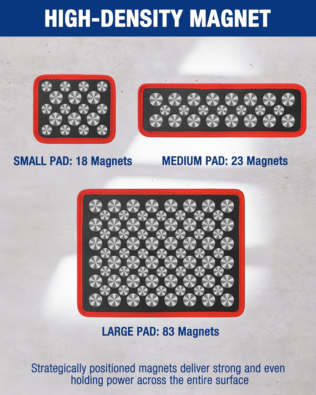 WORKPRO high-density magnetic pads: small, medium, and large with circular magnet grid