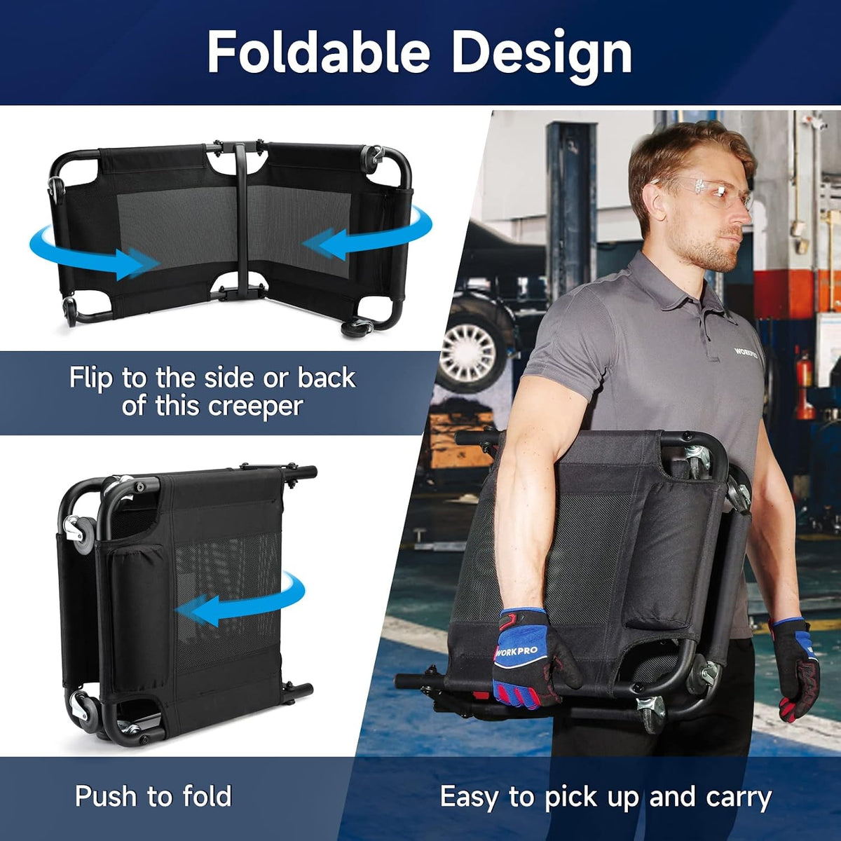 WORKPRO 40-Inch Foldable Automotive Creeper, Heavy Duty Rolling Garage Mechanic Creeper, Padded Headrest, 4 Swivel Wheels, 350 lbs Capacity Car Creeper for Repair & Maintenance