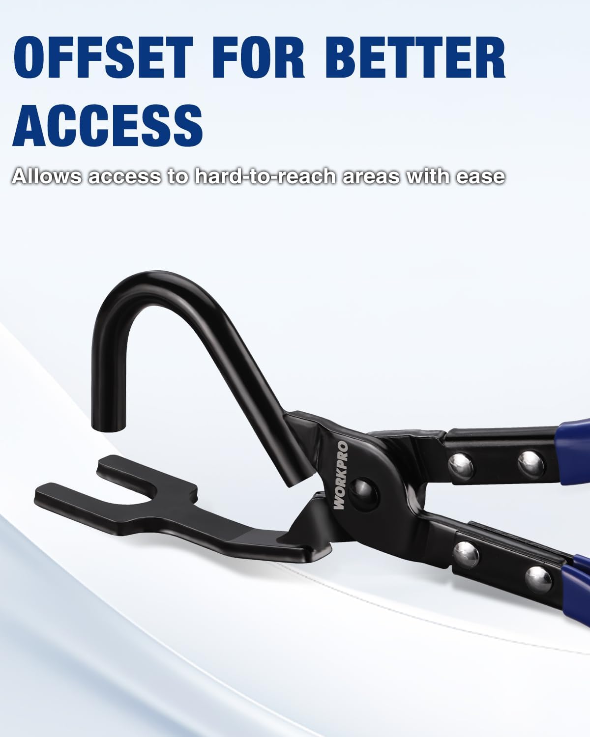 Offset blue-and-black exhaust hanger pliers with curved hook for tight spaces
